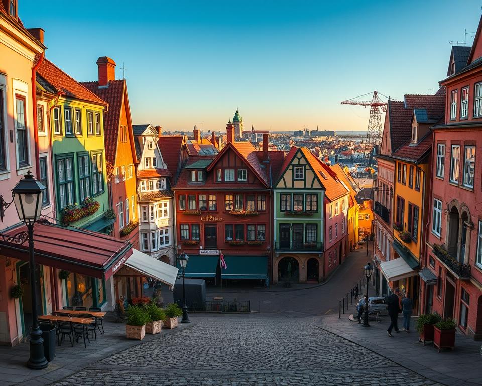 A picturesque view of historic Gdańsk's Old Town, showcasing charming hotels nestled among colorful, intricately designed buildings with medieval architecture. In the foreground, a quaint cobblestone street lined with stylish outdoor cafes and elegant street lamps, inviting visitors to explore. The middle ground features several distinctive hotels, their facades adorned with flower boxes and balconies, illuminated by soft golden hour sunlight that casts warm shadows. In the background, the iconic medieval crane and the vibrant skyline of Gdańsk, under a clear blue sky. The scene evokes a sense of warmth and charm, ideal for travelers seeking a memorable stay in a beautiful historical setting. Capture this image with a wide-angle lens to enhance depth and vibrancy. A picturesque view of historic Gdańsk's Old Town, showcasing charming hotels nestled among colorful, intricately designed buildings with medieval architecture. In the foreground, a quaint cobblestone street lined with stylish outdoor cafes and elegant street lamps, inviting visitors to explore. The middle ground features several distinctive hotels, their facades adorned with flower boxes and balconies, illuminated by soft golden hour sunlight that casts warm shadows. In the background, the iconic medieval crane and the vibrant skyline of Gdańsk, under a clear blue sky. The scene evokes a sense of warmth and charm, ideal for travelers seeking a memorable stay in a beautiful historical setting. Capture this image with a wide-angle lens to enhance depth and vibrancy.