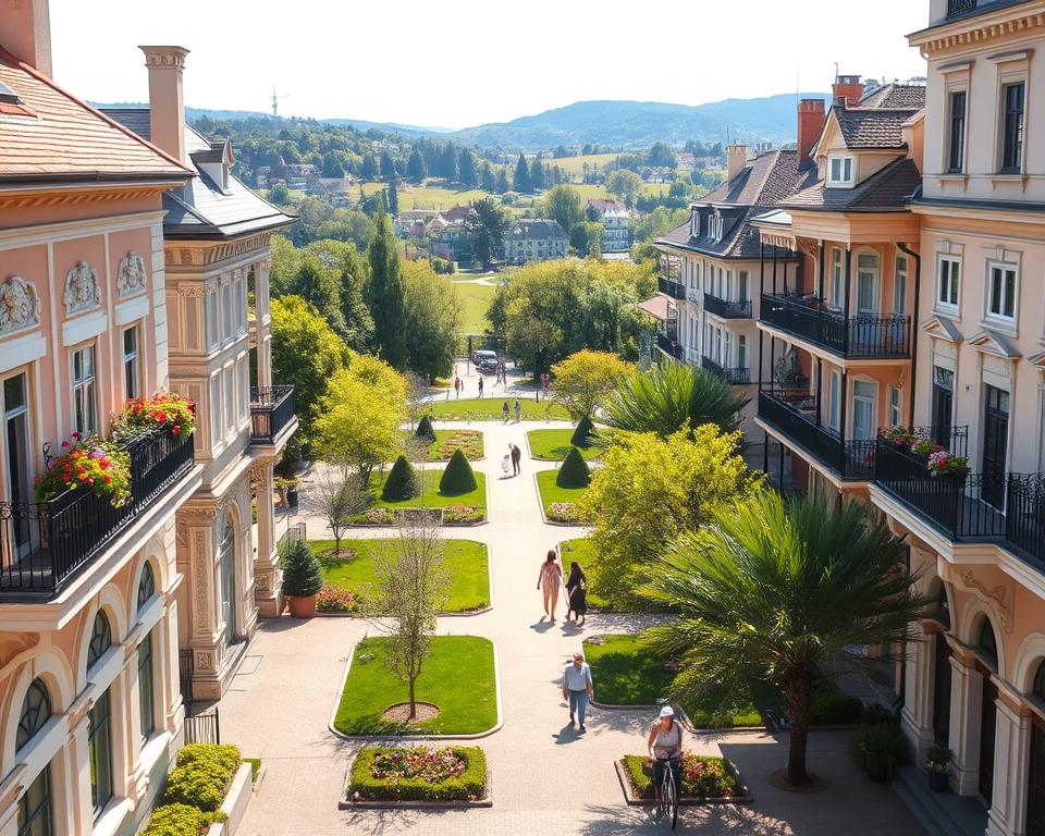 A picturesque view of historical buildings in Sopot, capturing the essence of the spa town's charm. In the foreground, elegantly designed Victorian-style architecture with colorful facades, balconies adorned with flowers, and ornate details. The middle ground features a tranquil park with well-maintained pathways and lush greenery, inviting visitors to stroll. In the background, gently rolling hills meet the sky, bathed in soft, warm daylight. The scene conveys a serene and rejuvenating atmosphere, with a hint of coastal influence. Use bright but soft lighting to enhance the inviting feel, as if capturing a perfect day. The perspective is slightly elevated to showcase both the serene ambiance and the architectural details. Overall, the image should evoke a sense of relaxation and historical richness, ideal for illustrating Sopot’s unique character. A picturesque view of historical buildings in Sopot, capturing the essence of the spa town's charm. In the foreground, elegantly designed Victorian-style architecture with colorful facades, balconies adorned with flowers, and ornate details. The middle ground features a tranquil park with well-maintained pathways and lush greenery, inviting visitors to stroll. In the background, gently rolling hills meet the sky, bathed in soft, warm daylight. The scene conveys a serene and rejuvenating atmosphere, with a hint of coastal influence. Use bright but soft lighting to enhance the inviting feel, as if capturing a perfect day. The perspective is slightly elevated to showcase both the serene ambiance and the architectural details. Overall, the image should evoke a sense of relaxation and historical richness, ideal for illustrating Sopot’s unique character.
