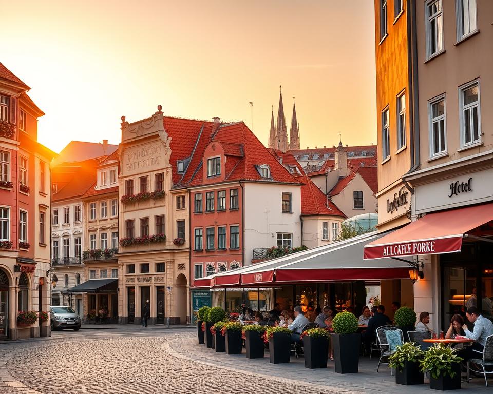 A picturesque view of hotels in Gdańsk's Old Town during golden hour, showcasing a mix of historical and modern architecture. In the foreground, charming street cobblestones lead to elegant hotel entrances adorned with flower boxes. The middle ground features vibrant café terraces filled with patrons enjoying their meals under colorful awnings. In the background, the iconic Gdańsk skyline with its distinctive spires and rooftops under a warm sunset sky, casting a soft, inviting glow. The atmosphere is lively yet relaxed, conveying a sense of accessibility and hospitality. Use a wide-angle lens to capture the vibrancy of the scene, ensuring a sharp focus on the hotels while softening the background slightly. Aim for a balanced, harmonious composition that embodies the charm and allure of Gdańsk's accommodations. A picturesque view of hotels in Gdańsk's Old Town during golden hour, showcasing a mix of historical and modern architecture. In the foreground, charming street cobblestones lead to elegant hotel entrances adorned with flower boxes. The middle ground features vibrant café terraces filled with patrons enjoying their meals under colorful awnings. In the background, the iconic Gdańsk skyline with its distinctive spires and rooftops under a warm sunset sky, casting a soft, inviting glow. The atmosphere is lively yet relaxed, conveying a sense of accessibility and hospitality. Use a wide-angle lens to capture the vibrancy of the scene, ensuring a sharp focus on the hotels while softening the background slightly. Aim for a balanced, harmonious composition that embodies the charm and allure of Gdańsk's accommodations.