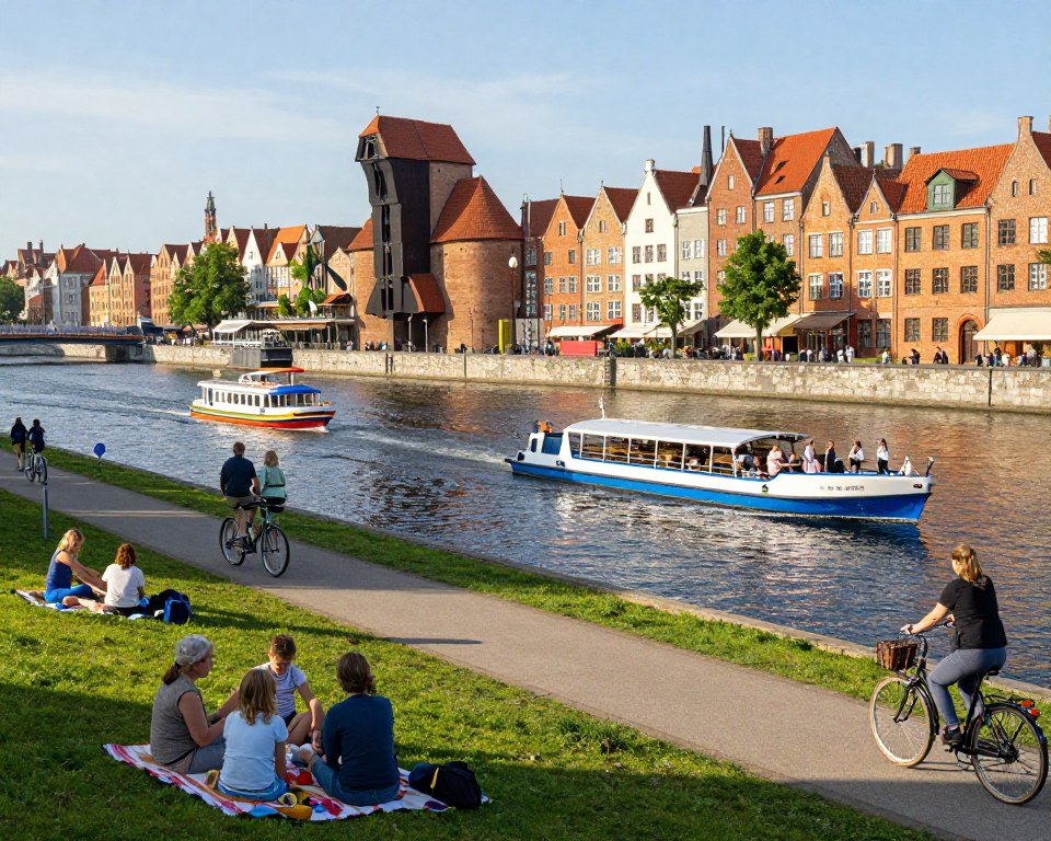 A picturesque view of the Motława River in Gdańsk, showcasing its recreational and tourist activities. In the foreground, a family with modest casual clothing enjoys a leisurely picnic on the riverside, while cyclists ride along a well-maintained path. The middle ground features colorful boats gently bobbing on the water, with tourists engaged in sightseeing from a scenic cruise. The background highlights historic architecture lining the riverbank, with lush greenery peeking between the buildings. Soft, warm sunlight filters through a clear blue sky, creating a serene, inviting atmosphere. Use a slightly elevated angle to capture the vibrant life along the river and the beauty of Gdańsk’s architecture.