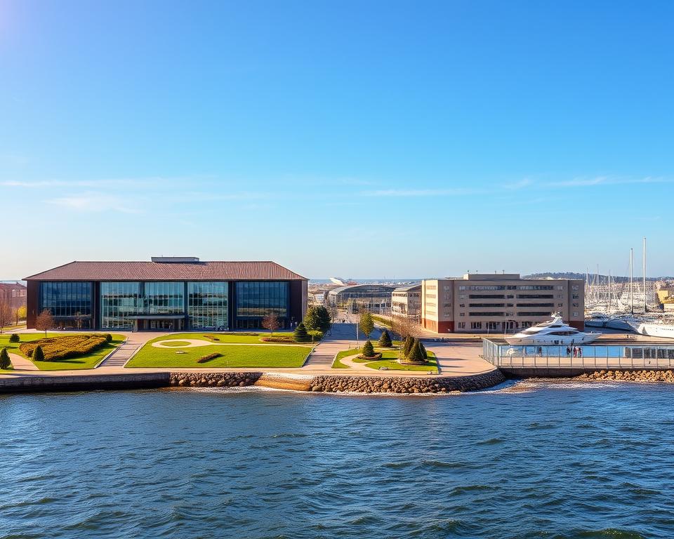 A picturesque view of the Muzeum Marynarki Wojennej and Muzeum Miasta Gdyni, set against a clear blue sky with soft, warm sunlight illuminating the buildings. In the foreground, a serene waterfront with gentle waves lapping against the shore, featuring vibrant greenery and walking paths. The middle ground displays the museums with their distinct architecture, showcasing historical naval displays and modern urban design elements. In the background, the bustling port of Gdynia with ships and yachts, framed by the scenic coastline. The image captures a serene yet lively atmosphere, inviting viewers to explore the rich maritime history and cultural significance of Gdynia. The lens should provide a slightly elevated perspective to encapsulate the layout of the area, enhancing the depth and dimension of the scene. A picturesque view of the Muzeum Marynarki Wojennej and Muzeum Miasta Gdyni, set against a clear blue sky with soft, warm sunlight illuminating the buildings. In the foreground, a serene waterfront with gentle waves lapping against the shore, featuring vibrant greenery and walking paths. The middle ground displays the museums with their distinct architecture, showcasing historical naval displays and modern urban design elements. In the background, the bustling port of Gdynia with ships and yachts, framed by the scenic coastline. The image captures a serene yet lively atmosphere, inviting viewers to explore the rich maritime history and cultural significance of Gdynia. The lens should provide a slightly elevated perspective to encapsulate the layout of the area, enhancing the depth and dimension of the scene.