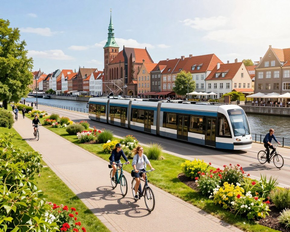 A picturesque view of the Spichrzów Island in Gdańsk, showcasing modern transport options like bicycles and electric trams. In the foreground, a well-maintained pathway lined with vibrant greenery and flowering plants invites visitors. The middle ground features a sleek electric tram gliding past, while cyclists enjoy the scenic ride along the waterfront. The background highlights charming historic buildings, beautifully restored, standing alongside contemporary architecture. Bright, clear skies with soft sunlight create a warm and welcoming atmosphere. The image is captured with a wide-angle lens, emphasizing the island’s accessibility and vibrant nature. The overall mood is lively and inviting, reflecting a harmonious blend of tradition and modernity in transportation.