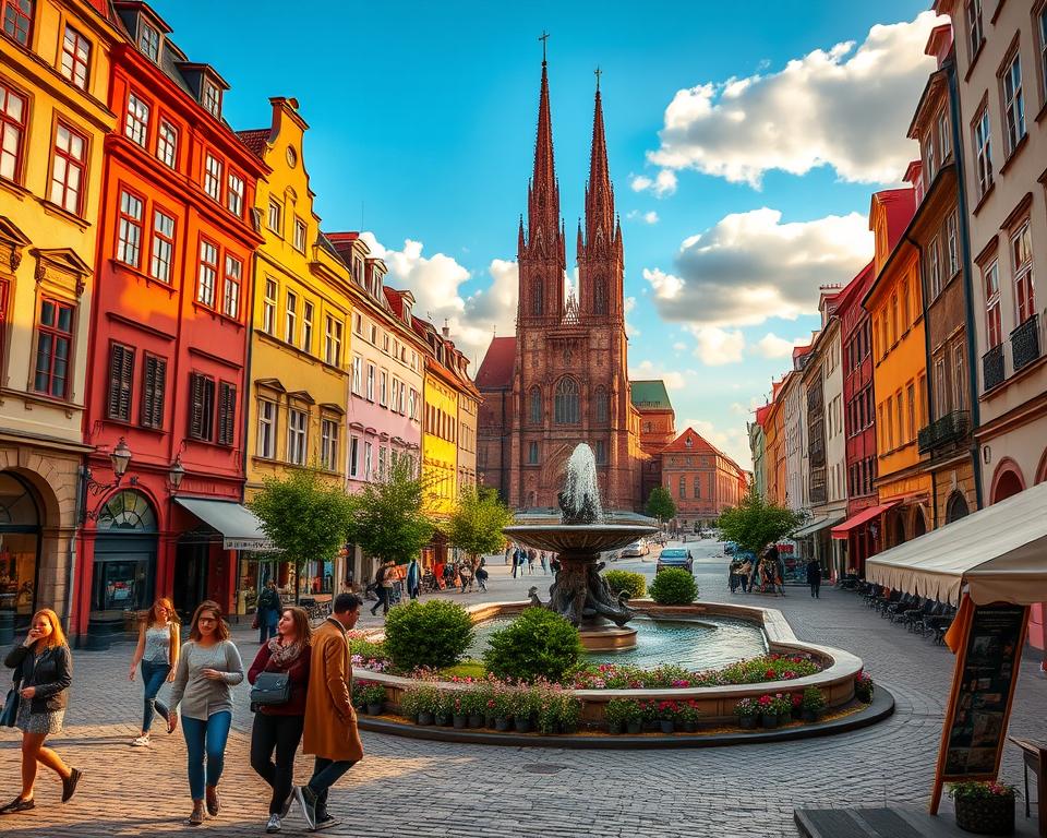 A picturesque view of the heart of Gdańsk, showcasing colorful historic buildings along the iconic Long Market. In the foreground, there are people strolling in modest casual clothing, admiring the architecture. The middle ground features the stunning Neptune Fountain, surrounded by lush greenery and cobblestone paths that invite exploration. In the background, the magnificent St. Mary's Church towers against a bright blue sky, with fluffy clouds casting soft shadows. The scene is bathed in warm, golden hour lighting, creating a welcoming and vibrant atmosphere. Capture the essence of Gdańsk's culture and charm, highlighting nearby attractions such as quaint shops and cafes, ensuring a lively and engaging perspective that reflects a bustling urban center. A picturesque view of the heart of Gdańsk, showcasing colorful historic buildings along the iconic Long Market. In the foreground, there are people strolling in modest casual clothing, admiring the architecture. The middle ground features the stunning Neptune Fountain, surrounded by lush greenery and cobblestone paths that invite exploration. In the background, the magnificent St. Mary's Church towers against a bright blue sky, with fluffy clouds casting soft shadows. The scene is bathed in warm, golden hour lighting, creating a welcoming and vibrant atmosphere. Capture the essence of Gdańsk's culture and charm, highlighting nearby attractions such as quaint shops and cafes, ensuring a lively and engaging perspective that reflects a bustling urban center.