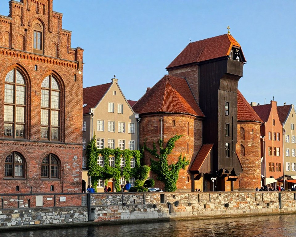 A picturesque view of the historic granaries in Gdańsk, showcasing their distinctive architecture. In the foreground, intricately detailed brick walls with arched windows and textured surfaces reflect the richness of the region's history. The middle ground features several restored granaries beside the serene River Motława, their facades painted in warm earth tones under vibrant green ivy. Soft, warm sunlight bathes the scene, creating long shadows and highlighting the unique architectural features. In the background, a clear blue sky contrasts with the buildings, emphasizing the timeless beauty of this rejuvenated area. The overall mood is tranquil and inviting, capturing the essence of heritage and renewal in Gdańsk.