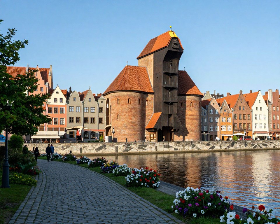 A picturesque view of the iconic Gdańsk Żuraw crane by the Motława River, showcasing its rustic architecture and rich history. In the foreground, a quaint cobblestone path leads towards the crane, lined with blooming flowers and greenery. In the middle ground, the beautifully detailed Żuraw stands prominently, its wooden beams contrasting against the blue sky. The background features the charming waterfront buildings of Gdańsk, with softly rippling water reflecting the architecture. The scene is bathed in warm, late afternoon sunlight, casting gentle shadows and creating a welcoming atmosphere. The angle captures the essence of the area, inviting viewers to explore this historical site. The overall mood is serene, illustrating a perfect day for visiting.