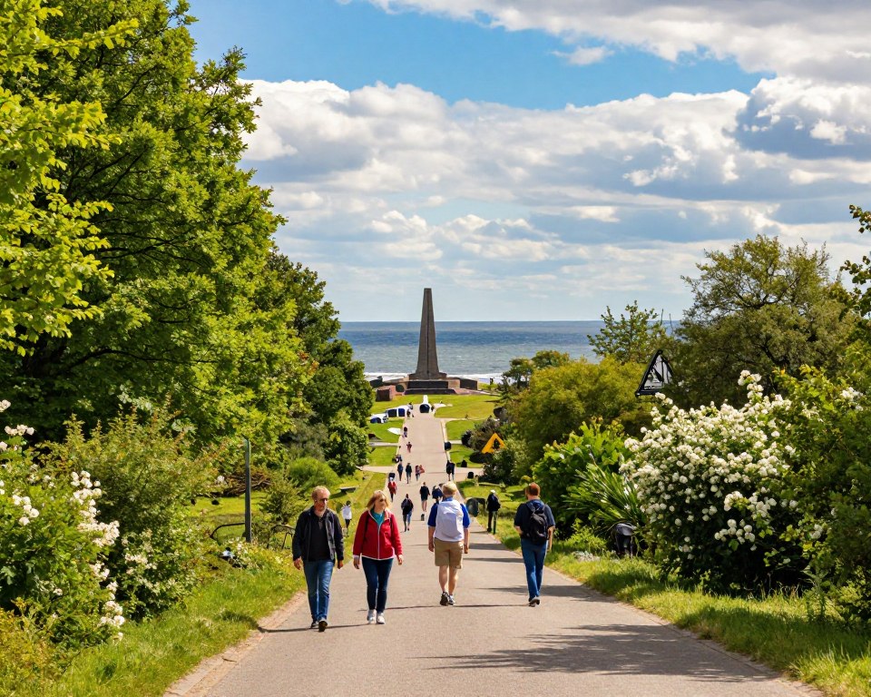 A picturesque view of the road leading to Westerplatte in Gdańsk during a sunny day. In the foreground, a clear path lined with lush green trees and flowering bushes guides visitors towards the historical site. A few tourists, dressed in comfortable casual clothing, walk along the path, appearing engaged and curious. The middle ground features a scenic glimpse of the iconic monument and remnants of the military structures, framed by gentle waves of the Baltic Sea. In the background, the sky is a vibrant blue filled with soft white clouds, casting warm sunlight over the scene. The image captures a peaceful, inviting atmosphere, ideal for exploring a significant historical landmark, shot from a slightly elevated angle to emphasize the journey ahead. A picturesque view of the road leading to Westerplatte in Gdańsk during a sunny day. In the foreground, a clear path lined with lush green trees and flowering bushes guides visitors towards the historical site. A few tourists, dressed in comfortable casual clothing, walk along the path, appearing engaged and curious. The middle ground features a scenic glimpse of the iconic monument and remnants of the military structures, framed by gentle waves of the Baltic Sea. In the background, the sky is a vibrant blue filled with soft white clouds, casting warm sunlight over the scene. The image captures a peaceful, inviting atmosphere, ideal for exploring a significant historical landmark, shot from a slightly elevated angle to emphasize the journey ahead.