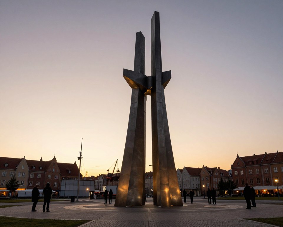 A powerful tribute to the Monument to the Fallen Shipyard Workers in Gdańsk, prominently displayed against a twilight sky. In the foreground, the abstract, towering steel structures of the monument rise dramatically, their angular shapes reflecting the resilience and spirit of the workers. The middle ground features a serene square, with silhouettes of visitors respectfully observing the monument. In the background, the historic shipyards and a faint outline of Gdańsk's skyline create a sense of place. Soft, dramatic lighting bathes the scene in a warm glow, emphasizing the monument’s significance. Capture this scene from a low angle to enhance the monument's grandeur, evoking a mood of solemn remembrance and pride. No text or logos are present, focusing solely on the symbolic essence of the monument. A powerful tribute to the Monument to the Fallen Shipyard Workers in Gdańsk, prominently displayed against a twilight sky. In the foreground, the abstract, towering steel structures of the monument rise dramatically, their angular shapes reflecting the resilience and spirit of the workers. The middle ground features a serene square, with silhouettes of visitors respectfully observing the monument. In the background, the historic shipyards and a faint outline of Gdańsk's skyline create a sense of place. Soft, dramatic lighting bathes the scene in a warm glow, emphasizing the monument’s significance. Capture this scene from a low angle to enhance the monument's grandeur, evoking a mood of solemn remembrance and pride. No text or logos are present, focusing solely on the symbolic essence of the monument.
