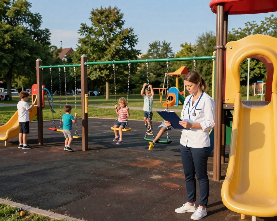 A professional physical therapist evaluates a vibrant playground in Gdańsk, focusing on safety and accessibility for children. In the foreground, a confident therapist, dressed in a smart casual outfit, checks playground equipment while holding a clipboard. In the middle ground, children play safely on various structures like swings and slides, with an emphasis on inclusivity and supervised play. The background features a lush green park setting with trees and colorful playground elements, under a clear blue sky illuminated by warm sunlight. Capture the scene from a slightly elevated angle, creating a dynamic composition that conveys a sense of joy, safety, and community engagement.