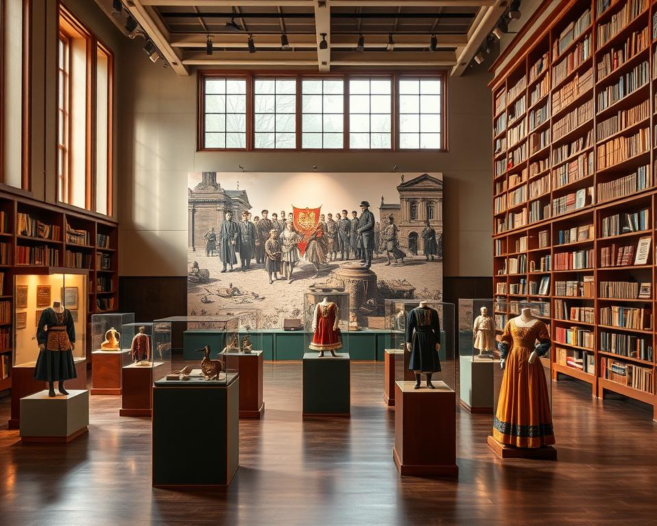 A richly detailed exhibition space showcasing ethnographic and patriotic collections in the National Museum in Gdańsk. In the foreground, a beautifully curated display of traditional Polish costumes and handcrafted artifacts on elegant pedestals, illuminated by warm, soft spotlighting. The middle ground features a large mural depicting historical scenes of Polish heritage, enhancing the cultural context. In the background, tall wooden shelves filled with meticulously organized historical books and documents provide depth. Natural light filters through large museum windows, creating a serene atmosphere that evokes a sense of pride in history and tradition. The composition conveys a harmonious blend of heritage and artistry, inviting viewers to explore the rich narrative of Poland's past.