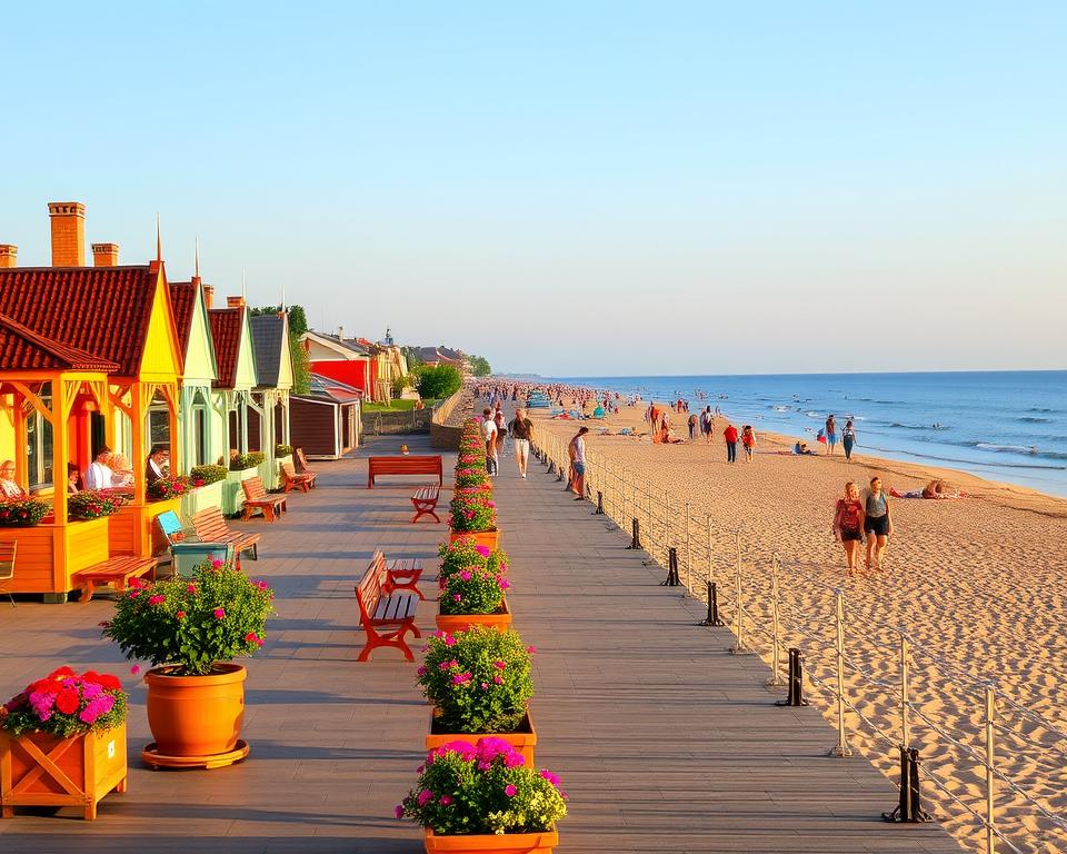 A scenic coastal view of Gdańsk, specifically highlighting the seaside districts of Brzeźno and Jelitkowo. In the foreground, display a charming beach promenade lined with colorful beach cottages and wooden benches where families relax. Bright flowers in pots add a touch of vibrancy. In the middle ground, capture the soft sandy beach bustling with tourists enjoying the sun, while a few people stroll along the shore, dressed in casual summer attire. In the background, show the serene Baltic Sea with gentle waves lapping at the shore under a clear blue sky. The warm golden light of a late afternoon sun bathes the scene, creating a tranquil, inviting atmosphere that draws viewers into the coastal charm of Gdańsk. A scenic coastal view of Gdańsk, specifically highlighting the seaside districts of Brzeźno and Jelitkowo. In the foreground, display a charming beach promenade lined with colorful beach cottages and wooden benches where families relax. Bright flowers in pots add a touch of vibrancy. In the middle ground, capture the soft sandy beach bustling with tourists enjoying the sun, while a few people stroll along the shore, dressed in casual summer attire. In the background, show the serene Baltic Sea with gentle waves lapping at the shore under a clear blue sky. The warm golden light of a late afternoon sun bathes the scene, creating a tranquil, inviting atmosphere that draws viewers into the coastal charm of Gdańsk.