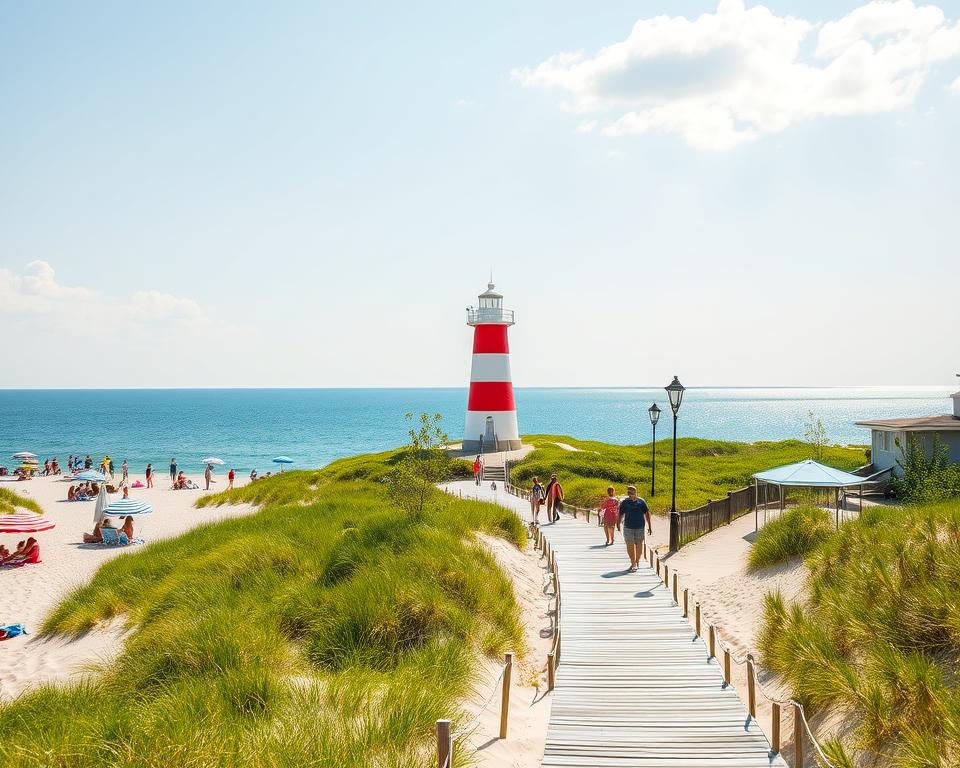 A scenic summer view of the Hel Peninsula, showcasing its stunning attractions. In the foreground, a pristine sandy beach dotted with modestly dressed families enjoying the sun, beach umbrellas, and children building sandcastles. The middle ground features vibrant green coastal dunes and a wooden boardwalk leading towards the iconic lighthouse of Hel, with its striking red and white stripes. In the background, the calm blue waters of the Baltic Sea reflecting the bright sunlight, complemented by a clear sky with soft, fluffy clouds. The mood is cheerful and inviting, capturing the essence of summer leisure on the peninsula. The image should be taken from a slightly elevated angle to encompass both the beach and surrounding greenery, creating a picturesque panorama of this enchanting summer destination. A scenic summer view of the Hel Peninsula, showcasing its stunning attractions. In the foreground, a pristine sandy beach dotted with modestly dressed families enjoying the sun, beach umbrellas, and children building sandcastles. The middle ground features vibrant green coastal dunes and a wooden boardwalk leading towards the iconic lighthouse of Hel, with its striking red and white stripes. In the background, the calm blue waters of the Baltic Sea reflecting the bright sunlight, complemented by a clear sky with soft, fluffy clouds. The mood is cheerful and inviting, capturing the essence of summer leisure on the peninsula. The image should be taken from a slightly elevated angle to encompass both the beach and surrounding greenery, creating a picturesque panorama of this enchanting summer destination.