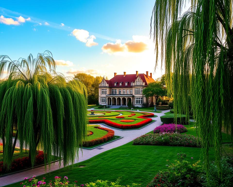A scenic view featuring the Muzeum Sopotu and Dworek Sierakowskich, set amidst beautiful willow trees and vibrant gardens. In the foreground, lush greenery and colorful flowers create a welcoming atmosphere, while the elegant old-style architecture of the museum and manor stands proudly in the middle. The background showcases a serene blue sky complemented by soft, fluffy clouds and hints of distant trees along a tranquil pathway. The warm afternoon sunlight bathes the scene in a golden hue, casting gentle shadows and enhancing the rich colors of the buildings and nature. The mood is peaceful and inviting, perfect for capturing the charm of these historic residences in Sopot. A scenic view featuring the Muzeum Sopotu and Dworek Sierakowskich, set amidst beautiful willow trees and vibrant gardens. In the foreground, lush greenery and colorful flowers create a welcoming atmosphere, while the elegant old-style architecture of the museum and manor stands proudly in the middle. The background showcases a serene blue sky complemented by soft, fluffy clouds and hints of distant trees along a tranquil pathway. The warm afternoon sunlight bathes the scene in a golden hue, casting gentle shadows and enhancing the rich colors of the buildings and nature. The mood is peaceful and inviting, perfect for capturing the charm of these historic residences in Sopot.