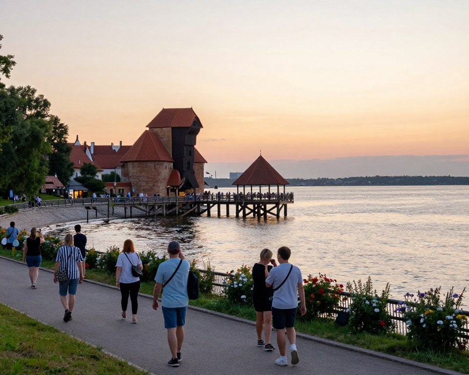 A scenic view of Brzeźno's pier at sunset, showcasing its historical architecture and length extending into the tranquil waters of the Bay. In the foreground, a few tourists of diverse backgrounds, dressed in casual and modest attire, are engaged in leisurely activities such as walking and taking photos. The middle ground features the wooden structure of the pier with people enjoying the view, surrounded by lush greenery and floral arrangements along the pathway. In the background, the calm waters reflect the warm hues of the sunset, with gentle waves lapping against the pier. The atmosphere is serene and inviting, with soft, golden lighting that enhances the picturesque scene, captured with a wide-angle lens to encompass the entire vista.
