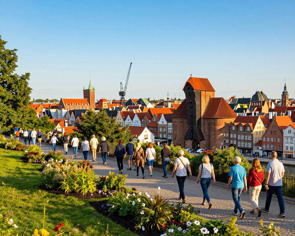 A scenic view of Gdańsk featuring several prominent viewpoints, showcasing panoramic city vistas in the vibrant season of 2026. In the foreground, include elegant pathways lined with lush greenery, inviting visitors to explore. The middle ground should depict organized groups of people, dressed in modest casual clothing, walking and enjoying the sights with excitement. In the background, highlight iconic landmarks such as the Gdańsk Crane and St. Mary's Church, set against a clear blue sky bathed in warm golden sunlight, to evoke a lively, welcoming atmosphere. Use a wide-angle lens perspective to capture the bustling energy of the city while maintaining a harmonious composition, conveying an adventurous spirit for those wanting to reach these stunning lookout points. A scenic view of Gdańsk featuring several prominent viewpoints, showcasing panoramic city vistas in the vibrant season of 2026. In the foreground, include elegant pathways lined with lush greenery, inviting visitors to explore. The middle ground should depict organized groups of people, dressed in modest casual clothing, walking and enjoying the sights with excitement. In the background, highlight iconic landmarks such as the Gdańsk Crane and St. Mary's Church, set against a clear blue sky bathed in warm golden sunlight, to evoke a lively, welcoming atmosphere. Use a wide-angle lens perspective to capture the bustling energy of the city while maintaining a harmonious composition, conveying an adventurous spirit for those wanting to reach these stunning lookout points.