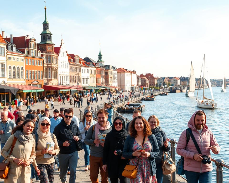 A scenic view of Gdańsk's vibrant waterfront, showcasing the picturesque architecture and lively atmosphere. In the foreground, a group of diverse travelers dressed in casual and modest clothing, joyfully exploring the area while holding maps and cameras. The middle ground features iconic landmarks, including colorful historic buildings and bustling cafes, with locals engaging with visitors. In the background, the tranquil Motława River reflects the sky, with sailboats gently gliding across the water. The lighting is warm and inviting, suggesting a sunny day. Capture this experience from a slightly elevated angle to emphasize the lively interaction of people and the beauty of Gdańsk. The overall mood is cheerful and adventurous, illustrating the appeal of day trips from Gdańsk in 2026.