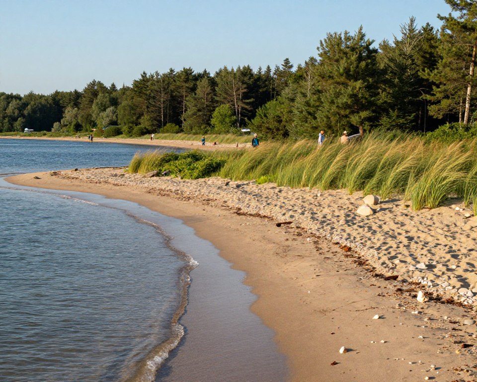 A scenic view of Sobieszewska Island, showcasing its wild beaches and nature reserves. In the foreground, gentle waves lapping at the sandy shore, with a few seashells scattered across the sand. In the middle, lush green vegetation and coastal grasses swaying in the breeze, occasionally dotted with small beachgoers in modest casual clothing, exploring the natural beauty. The background features dense forests and a tranquil waterway, framed by a clear blue sky. The lighting is soft and warm, suggesting late afternoon, creating a peaceful and inviting atmosphere. The image captures the essence of the island as an accessible natural retreat, emphasizing both the beauty of its landscapes and a sense of adventure in reaching this serene destination. A scenic view of Sobieszewska Island, showcasing its wild beaches and nature reserves. In the foreground, gentle waves lapping at the sandy shore, with a few seashells scattered across the sand. In the middle, lush green vegetation and coastal grasses swaying in the breeze, occasionally dotted with small beachgoers in modest casual clothing, exploring the natural beauty. The background features dense forests and a tranquil waterway, framed by a clear blue sky. The lighting is soft and warm, suggesting late afternoon, creating a peaceful and inviting atmosphere. The image captures the essence of the island as an accessible natural retreat, emphasizing both the beauty of its landscapes and a sense of adventure in reaching this serene destination.
