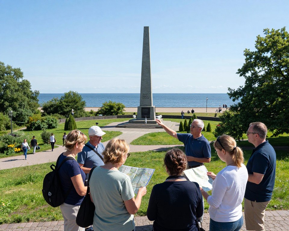 A scenic view of Westerplatte, Gdańsk, depicting historical landmarks and natural beauty for visitors. In the foreground, a group of tourists dressed in modest casual clothing are gathered, consulting a map while a friendly local guide gestures towards an important monument. In the middle ground, the iconic Westerplatte memorial stands tall, surrounded by lush greenery and pathways. The background showcases the tranquil Baltic Sea under a clear blue sky, with soft sunlight illuminating the scene. The atmosphere is inviting and educational, capturing the essence of a memorable visit. Use a slightly elevated angle to create a sense of depth and perspective, emphasizing the contrast between history and nature. A scenic view of Westerplatte, Gdańsk, depicting historical landmarks and natural beauty for visitors. In the foreground, a group of tourists dressed in modest casual clothing are gathered, consulting a map while a friendly local guide gestures towards an important monument. In the middle ground, the iconic Westerplatte memorial stands tall, surrounded by lush greenery and pathways. The background showcases the tranquil Baltic Sea under a clear blue sky, with soft sunlight illuminating the scene. The atmosphere is inviting and educational, capturing the essence of a memorable visit. Use a slightly elevated angle to create a sense of depth and perspective, emphasizing the contrast between history and nature.