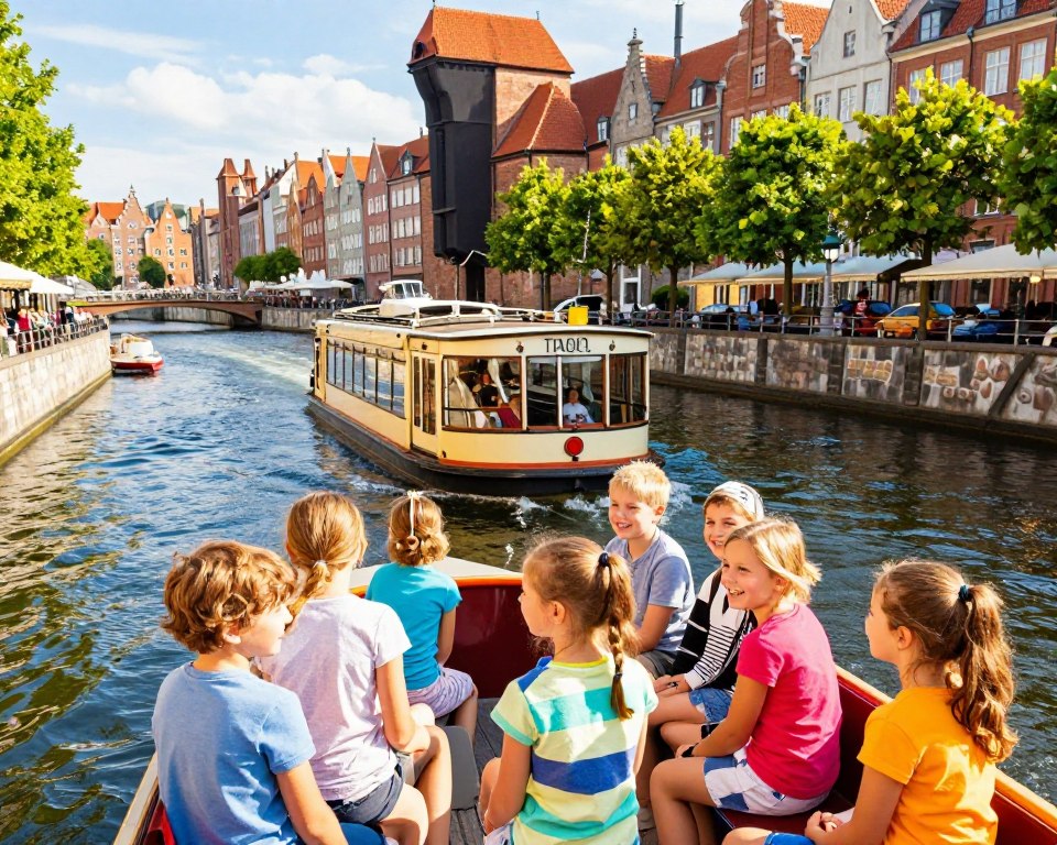 A scenic view of a Gdańsk water tram navigating through the city’s picturesque canals during a sunny day. In the foreground, a diverse group of smiling children, dressed in colorful casual outfits, excitedly enjoy the ride, gazing at the sights. The mid-ground features the charming water tram with its distinct design, surrounded by clear blue waters. The background showcases the historic architecture of Gdańsk, including iconic buildings and lush green trees lining the waterfront. Soft, warm sunlight filters through, creating a cheerful and vibrant atmosphere. The image captures the joy of a family-friendly activity, emphasizing the scenic routes and stops of the water tram service in Gdańsk. A scenic view of a Gdańsk water tram navigating through the city’s picturesque canals during a sunny day. In the foreground, a diverse group of smiling children, dressed in colorful casual outfits, excitedly enjoy the ride, gazing at the sights. The mid-ground features the charming water tram with its distinct design, surrounded by clear blue waters. The background showcases the historic architecture of Gdańsk, including iconic buildings and lush green trees lining the waterfront. Soft, warm sunlight filters through, creating a cheerful and vibrant atmosphere. The image captures the joy of a family-friendly activity, emphasizing the scenic routes and stops of the water tram service in Gdańsk.
