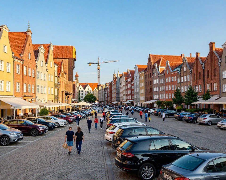 A scenic view of a crowded parking area in Gdańsk’s Old Town, showcasing a mix of vehicles parked around charming cobbled streets. In the foreground, modern cars are neatly parked along a vibrant street lined with historical architecture, featuring colorful facades and traditional Baltic-style buildings. The middle ground reveals people walking with shopping bags, dressed in casual clothing, enjoying the surroundings. In the background, the iconic Gdańsk crane towers over the landscape under a clear blue sky, bathed in warm afternoon sunlight that creates soft shadows and highlights the textures of the buildings. The overall atmosphere is lively and welcoming, inviting viewers to explore this picturesque urban setting.