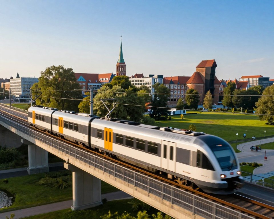 A scenic view of a modern SKM Gdańsk train in motion along its route, showcasing the sleek design of the train set against the vibrant landscapes of the Tricity area. In the foreground, the train glides over a bridge with dynamic motion blur, capturing the speed of rapid transit. The middle ground features lush green parks and urban elements like modern buildings symbolizing the growth of the city. In the background, the iconic skyline of Gdańsk is visible under a clear blue sky, with soft sunlight illuminating the scene, creating a warm and inviting atmosphere. This image encapsulates the history and development of SKM in Trójmiasto, emphasizing transportation and urban evolution.