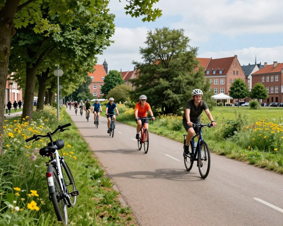 A scenic view of an organized cycling route in Gdańsk, showcasing a paved bike path flanked by lush greenery and wildflowers. In the foreground, a partially visible bicycle rests against a tree, symbolizing leisure and adventure. The middle ground features cyclists of varying ages, dressed in casual athletic wear, happily riding along the trail, surrounded by vibrant trees and a clear blue sky. In the background, the iconic Gdańsk architecture is visible, hinting at the city's rich history. Soft, natural lighting enhances the friendly atmosphere, while a wide-angle perspective captures the beauty of the cycling paths. The overall mood is inviting and adventurous, encouraging exploration and outdoor activity.