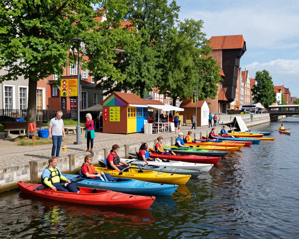 A scenic view of kayak rental facilities along the Motława River in Gdańsk, showcasing a vibrant scene with colorful kayaks lined up near the water's edge. In the foreground, a small group of diverse people, dressed in casual but modest clothing, are preparing to embark on their kayaking adventure. In the middle ground, the rental cabins and vibrant signage offer a welcoming atmosphere, while kayakers paddle down the gently flowing river. The background features the historical architecture of Gdańsk with charming cobblestone streets and lush green trees, under a bright, sunny sky creating an inviting mood. Use natural lighting to enhance details, focusing on vibrant colors and clear reflections in the water, captured from a low angle for an immersive effect. A scenic view of kayak rental facilities along the Motława River in Gdańsk, showcasing a vibrant scene with colorful kayaks lined up near the water's edge. In the foreground, a small group of diverse people, dressed in casual but modest clothing, are preparing to embark on their kayaking adventure. In the middle ground, the rental cabins and vibrant signage offer a welcoming atmosphere, while kayakers paddle down the gently flowing river. The background features the historical architecture of Gdańsk with charming cobblestone streets and lush green trees, under a bright, sunny sky creating an inviting mood. Use natural lighting to enhance details, focusing on vibrant colors and clear reflections in the water, captured from a low angle for an immersive effect.