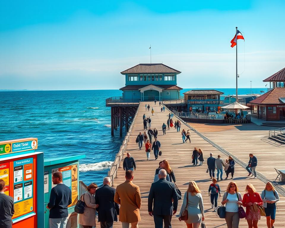 A scenic view of the Molo in Sopot, Poland, with a focus on the iconic wooden pier extending into the Baltic Sea. In the foreground, vibrant ticket booths display various ticket options for visitors, with people of diverse backgrounds in professional attire or modest casual clothing discussing their plans. The middle ground features families and couples strolling along the pier, enjoying the tranquil atmosphere. The background showcases a clear blue sky and gentle waves lapping at the sides of the Molo, with seaside cafes and shops creating a lively yet serene environment. The image is bathed in warm, soft lighting, capturing the charm of a sunny day, with a slight lens flare adding a touch of vibrancy. The overall mood conveys a sense of excitement and relaxation for visitors.