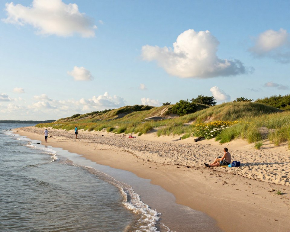 A scenic view of the Sobieszewska Island coastline, showcasing its wild beaches and natural reserves. In the foreground, a serene sandy beach with gentle waves lapping at the shore, and a few people in modest casual clothing enjoying the sun and the natural beauty around them. In the middle ground, lush green dunes lined with grasses and wildflowers, providing a touch of vibrant color amidst the sandy tones. The background features a clear blue sky with soft, fluffy clouds, and a distant glimpse of the Gdańsk horizon. The lighting is warm and inviting, capturing a late afternoon glow, enhancing the tranquil and peaceful atmosphere of the island. The scene conveys a sense of relaxation and exploration, perfect for visitors seeking practical advice on experiencing this natural paradise. A scenic view of the Sobieszewska Island coastline, showcasing its wild beaches and natural reserves. In the foreground, a serene sandy beach with gentle waves lapping at the shore, and a few people in modest casual clothing enjoying the sun and the natural beauty around them. In the middle ground, lush green dunes lined with grasses and wildflowers, providing a touch of vibrant color amidst the sandy tones. The background features a clear blue sky with soft, fluffy clouds, and a distant glimpse of the Gdańsk horizon. The lighting is warm and inviting, capturing a late afternoon glow, enhancing the tranquil and peaceful atmosphere of the island. The scene conveys a sense of relaxation and exploration, perfect for visitors seeking practical advice on experiencing this natural paradise.