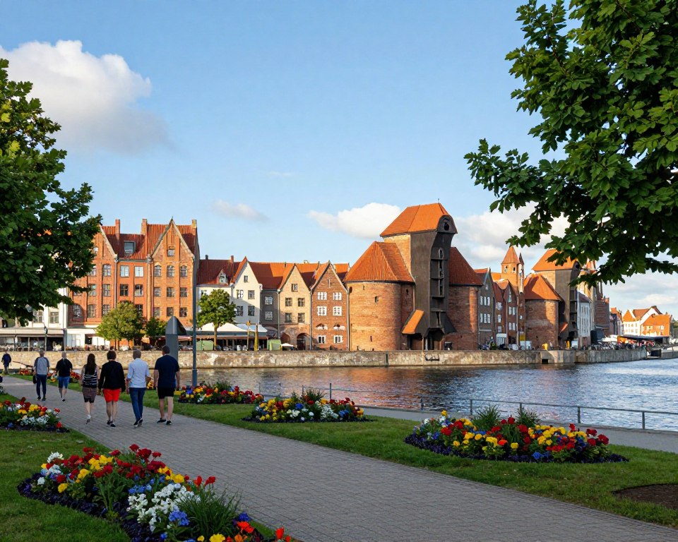 A scenic view of the revitalized Wyspa Spichrzów in Gdańsk, showcasing its unique architectural blend of historic warehouses and modern elements. In the foreground, a well-paved walking path lined with trees and colorful flowers invites exploration, with a few people dressed in casual yet professional attire strolling leisurely. The middle-ground features the iconic brick structures of the island, beautifully restored, reflecting sunlight. In the background, the Vistula River glimmers under a clear blue sky, with soft clouds. The scene is bathed in warm, natural light, capturing the lively atmosphere of a sunny day. Use a wide-angle lens to emphasize the space and depth, evoking a sense of tranquil discovery and charm.