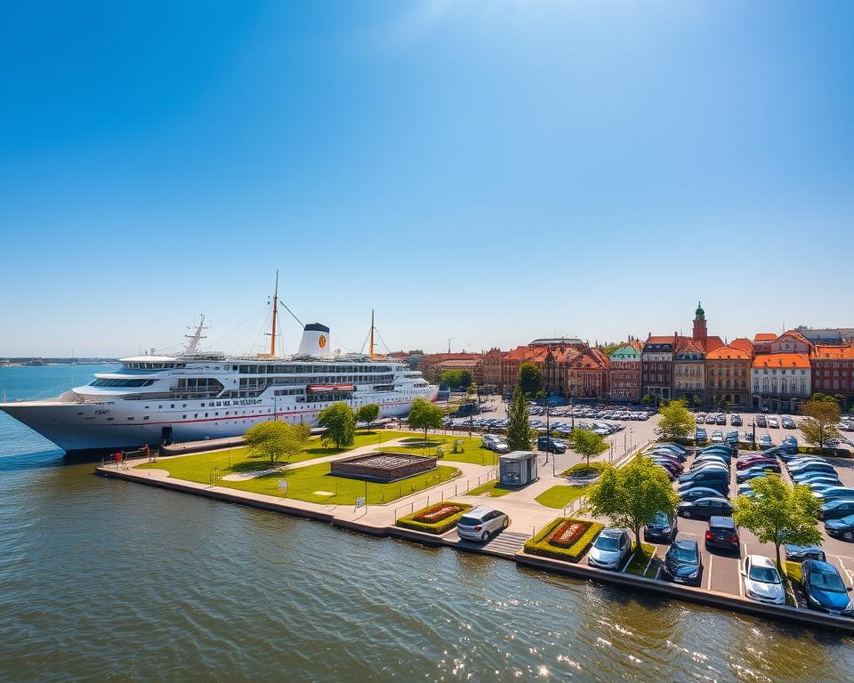 A scenic view of the ship "Dar Pomorza" docked in Gdynia, with clear blue skies and gentle waves in the foreground. In the middle ground, include lush green parks and neatly arranged parking spaces filled with cars, indicating easy access for visitors. The background should showcase the historic architecture of Gdynia with the vibrant colors of nearby buildings under bright sunlight. The image captures a welcoming atmosphere, perfect for both tourists and locals. The lighting is bright and sunny, creating a cheerful mood. Use a slight aerial angle to encompass both the ship and the parking area effectively, showcasing the connectivity of the seafaring adventure with convenience for visitors. A scenic view of the ship "Dar Pomorza" docked in Gdynia, with clear blue skies and gentle waves in the foreground. In the middle ground, include lush green parks and neatly arranged parking spaces filled with cars, indicating easy access for visitors. The background should showcase the historic architecture of Gdynia with the vibrant colors of nearby buildings under bright sunlight. The image captures a welcoming atmosphere, perfect for both tourists and locals. The lighting is bright and sunny, creating a cheerful mood. Use a slight aerial angle to encompass both the ship and the parking area effectively, showcasing the connectivity of the seafaring adventure with convenience for visitors.