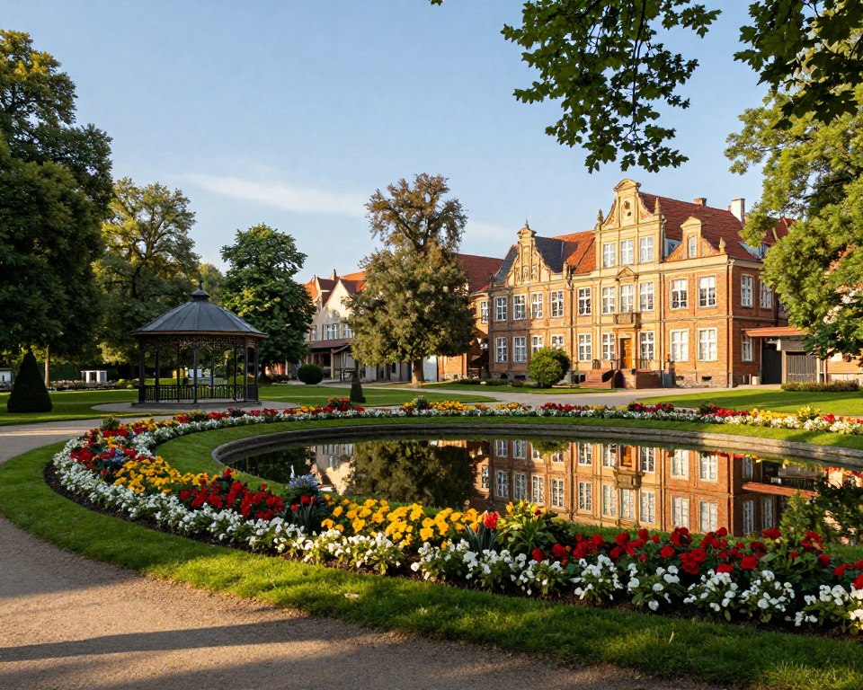 A serene and beautifully landscaped view of Oliwa Park in Gdańsk, showcasing the harmonious blend of architecture and garden layout. In the foreground, elegantly manicured flower beds in vibrant colors frame a tranquil pond, reflecting historical buildings with intricate facades. The middle ground features a charming gazebo and winding paths lined with lush greenery, inviting visitors to explore. In the background, trees reach toward a clear blue sky, adding a tranquil atmosphere. Soft, warm sunlight filters through the leaves, casting gentle shadows on the ground, enhancing the peaceful mood. Capture the scene from a slightly elevated angle, creating depth and allowing for an expansive view of the park's layout. Aim for a balance between nature and architectural elegance. A serene and beautifully landscaped view of Oliwa Park in Gdańsk, showcasing the harmonious blend of architecture and garden layout. In the foreground, elegantly manicured flower beds in vibrant colors frame a tranquil pond, reflecting historical buildings with intricate facades. The middle ground features a charming gazebo and winding paths lined with lush greenery, inviting visitors to explore. In the background, trees reach toward a clear blue sky, adding a tranquil atmosphere. Soft, warm sunlight filters through the leaves, casting gentle shadows on the ground, enhancing the peaceful mood. Capture the scene from a slightly elevated angle, creating depth and allowing for an expansive view of the park's layout. Aim for a balance between nature and architectural elegance.