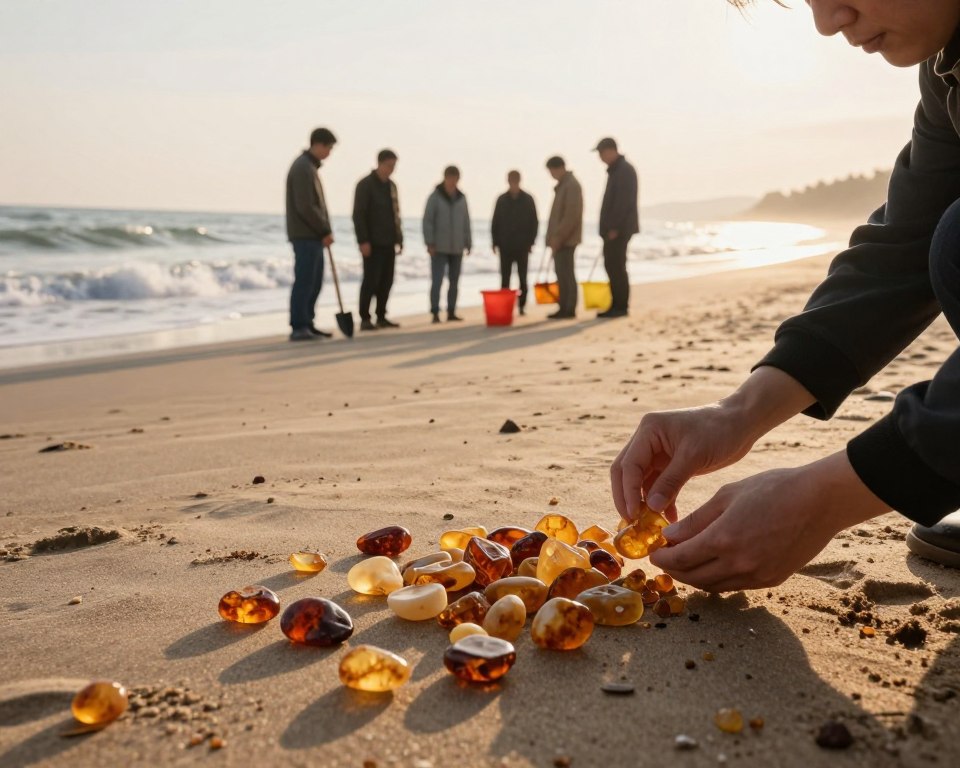 A serene beach at dawn, featuring gentle waves lapping at the shore. In the foreground, a detailed depiction of amber pieces scattered on the sand, with a focus on their warm, golden hues. A pair of hands in professional attire carefully examining a piece of amber, emphasizing the legal and safety aspects of collecting it. In the middle ground, a small group of people dressed in modest casual clothing, equipped with tools like a small shovel and bucket, while maintaining a respectful distance from each other. The background showcases the expansive beach with soft, early morning light illuminating the scene, casting delicate shadows and highlighting the tranquility. The overall atmosphere conveys a sense of calm and mindfulness in the act of collecting amber responsibly and legally. A serene beach at dawn, featuring gentle waves lapping at the shore. In the foreground, a detailed depiction of amber pieces scattered on the sand, with a focus on their warm, golden hues. A pair of hands in professional attire carefully examining a piece of amber, emphasizing the legal and safety aspects of collecting it. In the middle ground, a small group of people dressed in modest casual clothing, equipped with tools like a small shovel and bucket, while maintaining a respectful distance from each other. The background showcases the expansive beach with soft, early morning light illuminating the scene, casting delicate shadows and highlighting the tranquility. The overall atmosphere conveys a sense of calm and mindfulness in the act of collecting amber responsibly and legally.