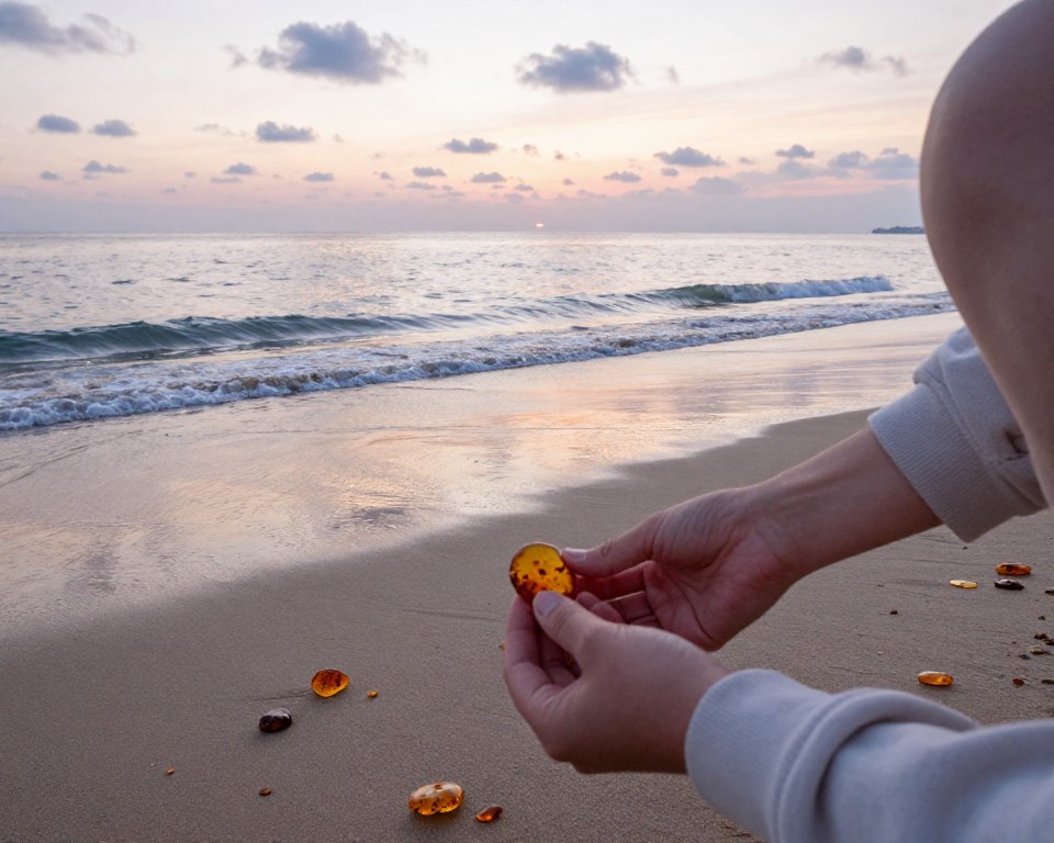 A serene beach scene at sunrise, where gentle waves lap at a sandy shore, scattered with glistening pieces of amber. In the foreground, focus on a hand of a person dressed in modest casual clothing picking up a piece of amber, showcasing its translucent yellow-orange color and natural inclusions. The middle ground features shimmering wet sand reflecting the soft hues of the early morning light. In the background, a calm sea stretches toward a pastel sky filled with delicate clouds, conveying a sense of tranquility and discovery. Use a slightly above-angle perspective to capture the interaction with the beach environment. The atmosphere is peaceful and inviting, perfect for conveying the beauty of finding genuine amber on the shore. A serene beach scene at sunrise, where gentle waves lap at a sandy shore, scattered with glistening pieces of amber. In the foreground, focus on a hand of a person dressed in modest casual clothing picking up a piece of amber, showcasing its translucent yellow-orange color and natural inclusions. The middle ground features shimmering wet sand reflecting the soft hues of the early morning light. In the background, a calm sea stretches toward a pastel sky filled with delicate clouds, conveying a sense of tranquility and discovery. Use a slightly above-angle perspective to capture the interaction with the beach environment. The atmosphere is peaceful and inviting, perfect for conveying the beauty of finding genuine amber on the shore.