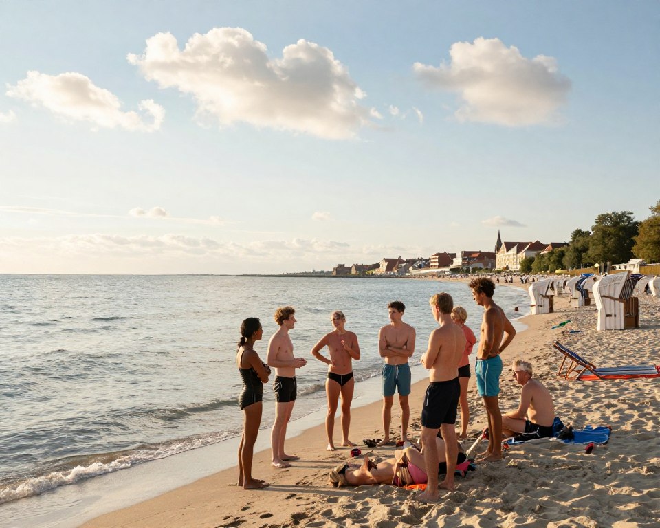 A serene beach scene at the Baltic Sea in Gdańsk, showcasing a clear sky with gentle white clouds reflecting warm sunlight. In the foreground, a group of diverse individuals in modest casual clothing are discussing practical tips for swimming in the sea, emphasizing safety and water temperature. They are engaged and smiling, creating a friendly atmosphere. The middle ground features soft, sandy beach with small waves lapping at the shore, while beach chairs and umbrellas add a cozy touch. In the background, the picturesque outline of Gdańsk's architecture can be seen against the horizon. The lighting is warm and inviting, evoking a sense of tranquility and leisure, ideal for swimming and relaxation. A serene beach scene at the Baltic Sea in Gdańsk, showcasing a clear sky with gentle white clouds reflecting warm sunlight. In the foreground, a group of diverse individuals in modest casual clothing are discussing practical tips for swimming in the sea, emphasizing safety and water temperature. They are engaged and smiling, creating a friendly atmosphere. The middle ground features soft, sandy beach with small waves lapping at the shore, while beach chairs and umbrellas add a cozy touch. In the background, the picturesque outline of Gdańsk's architecture can be seen against the horizon. The lighting is warm and inviting, evoking a sense of tranquility and leisure, ideal for swimming and relaxation.