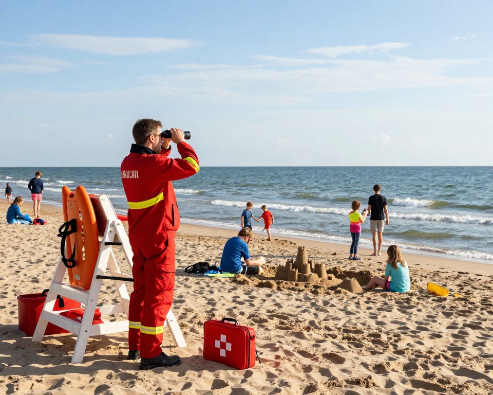 A serene beach scene in Gdańsk, showcasing safety and rescue efforts. In the foreground, a lifeguard in a bright red uniform is attentively scanning the shore with binoculars, embodying vigilance and professionalism. The lifeguard's station is visible, equipped with rescue flotation devices and first aid kits. In the middle ground, families and beachgoers are enjoying the scene, playing safely, with some children building sandcastles under the watchful eye of the lifeguard. The background features gentle waves lapping against the soft sand, with a clear blue sky and a few clouds adding depth to the atmosphere. The sun casts a warm, inviting glow, enhancing the mood of safety and camaraderie at the beach. The image is captured from a slightly elevated angle, providing a comprehensive view of the beach activities while maintaining focus on the theme of safety and rescue.