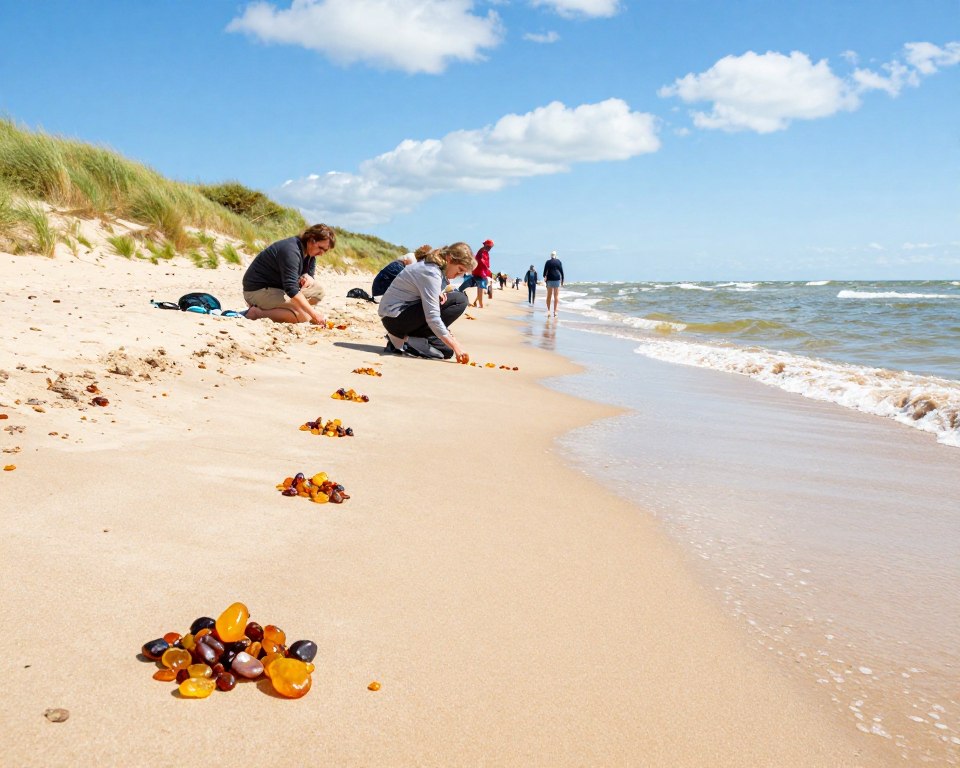 A serene beach scene on the Sobieszewska Island, showcasing a wide stretch of golden sand scattered with glistening amber pieces washed ashore. In the foreground, small piles of amber stones catch the midday sun, reflecting warm hues of yellow and orange. People in modest casual clothing search for amber, their expressions focused and excited, showing a sense of discovery. The middle ground features gentle waves lapping at the shoreline, with soft foam adding texture to the scene. In the background, lush green dunes rise alongside the beach, dotted with wild grasses swaying in the light summer breeze. The sky is bright blue with a few fluffy white clouds, creating a joyful atmosphere that invites viewers to explore this beautiful location for amber hunting. A serene beach scene on the Sobieszewska Island, showcasing a wide stretch of golden sand scattered with glistening amber pieces washed ashore. In the foreground, small piles of amber stones catch the midday sun, reflecting warm hues of yellow and orange. People in modest casual clothing search for amber, their expressions focused and excited, showing a sense of discovery. The middle ground features gentle waves lapping at the shoreline, with soft foam adding texture to the scene. In the background, lush green dunes rise alongside the beach, dotted with wild grasses swaying in the light summer breeze. The sky is bright blue with a few fluffy white clouds, creating a joyful atmosphere that invites viewers to explore this beautiful location for amber hunting.