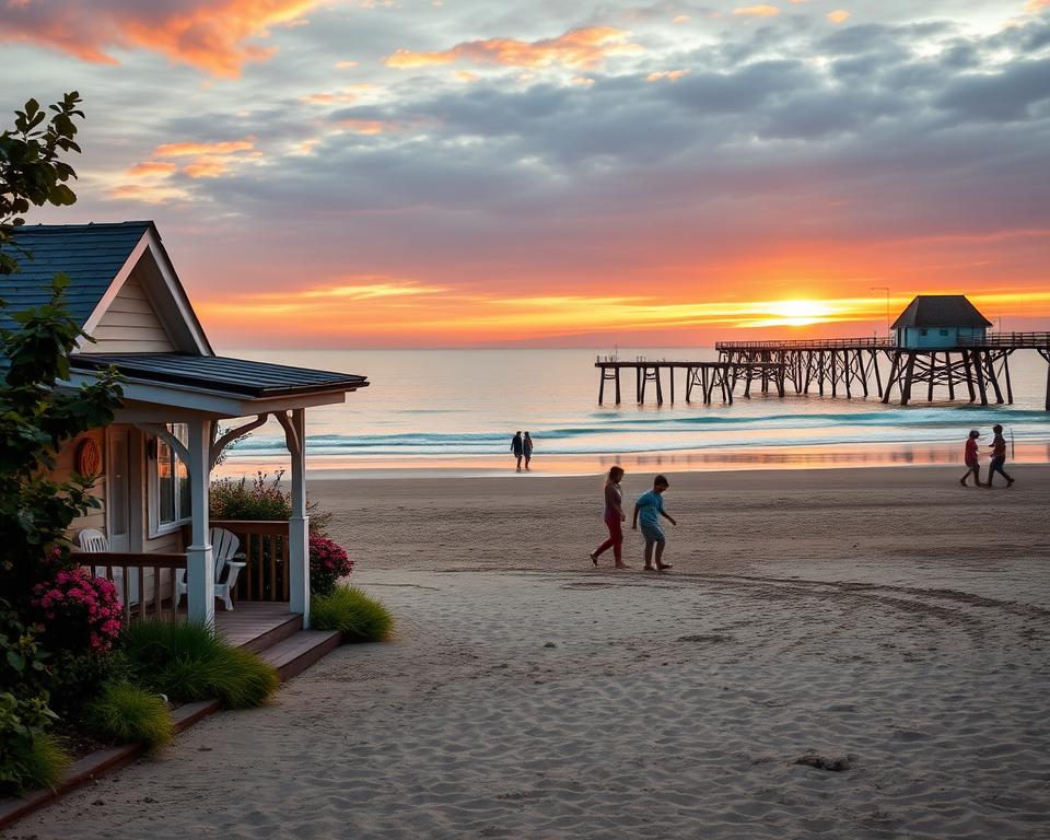 A serene beachside scene at Brzeźno, focusing on the influence of location on accommodation choices. In the foreground, a cozy, inviting beach cottage with a porch faces the ocean, surrounded by lush greenery and colorful flowers. The middle ground features the gentle waves lapping at the sandy beach, where families stroll and children play. In the background, a picturesque pier extends into the water, framed by a vibrant sunset sky filled with warm hues of orange and pink. Soft, diffused lighting casts a soothing glow, highlighting the peaceful atmosphere. The overall mood is relaxed and inviting, showcasing the allure of staying near the beach. Capture this with a wide-angle lens to emphasize the coastal beauty and tranquility of the area.