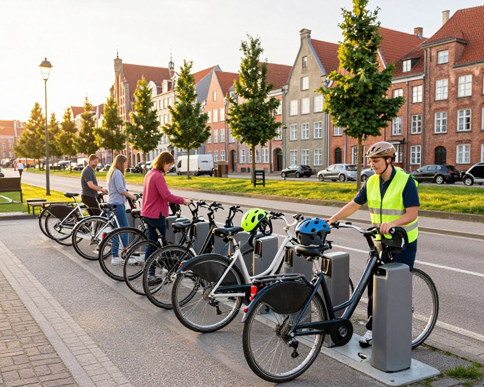 A serene cityscape of Gdańsk, showcasing a modern bike rental station in the foreground. In the station, neatly arranged bicycles with visible safety gear like helmets and reflective vests, indicating quality service. A friendly attendant in professional attire assists a couple of customers who are checking out bikes. The middle ground features a tree-lined path and local landmarks, bathed in warm, late afternoon sunlight creating a welcoming atmosphere. The background displays charming historic buildings characteristic of Gdańsk. The composition is balanced, with a focus on cyclist safety and quality service. Use a slightly elevated angle to capture both the people and surroundings, enhancing the feel of a vibrant, safe cycling community.