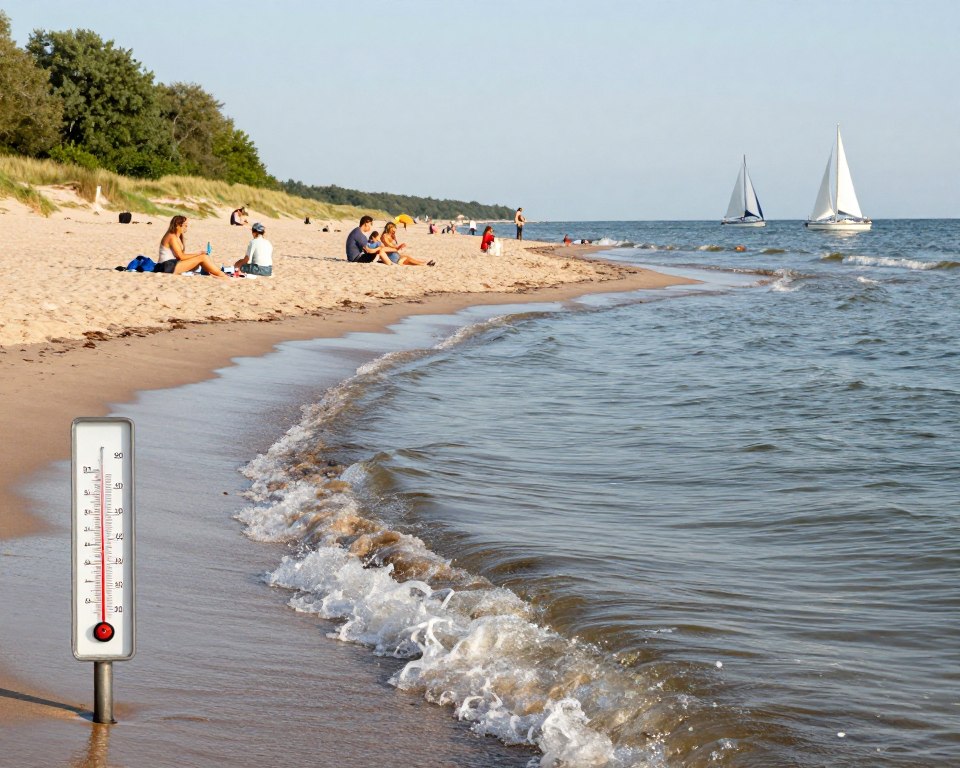 A serene coastal scene depicting factors influencing water temperature in the Baltic Sea near Gdańsk. In the foreground, illustrate gentle waves lapping against the shore, with temperature gauges or thermometers subtly integrated into the sandy beach. In the middle ground, include a variety of elements such as sunbathers enjoying the sun and families picnicking, all wearing modest casual clothing. A few sailboats can be seen in the distance, sailing gracefully under a clear sky. The background showcases lush greenery and distant sandy dunes under warm sunlight, creating a vibrant and inviting atmosphere. Soft, natural lighting enhances the scene, highlighting the interplay of sunlight and water. The overall mood is calm and educational, reflecting the factors influencing water temperature in a picturesque seaside setting. A serene coastal scene depicting factors influencing water temperature in the Baltic Sea near Gdańsk. In the foreground, illustrate gentle waves lapping against the shore, with temperature gauges or thermometers subtly integrated into the sandy beach. In the middle ground, include a variety of elements such as sunbathers enjoying the sun and families picnicking, all wearing modest casual clothing. A few sailboats can be seen in the distance, sailing gracefully under a clear sky. The background showcases lush greenery and distant sandy dunes under warm sunlight, creating a vibrant and inviting atmosphere. Soft, natural lighting enhances the scene, highlighting the interplay of sunlight and water. The overall mood is calm and educational, reflecting the factors influencing water temperature in a picturesque seaside setting.