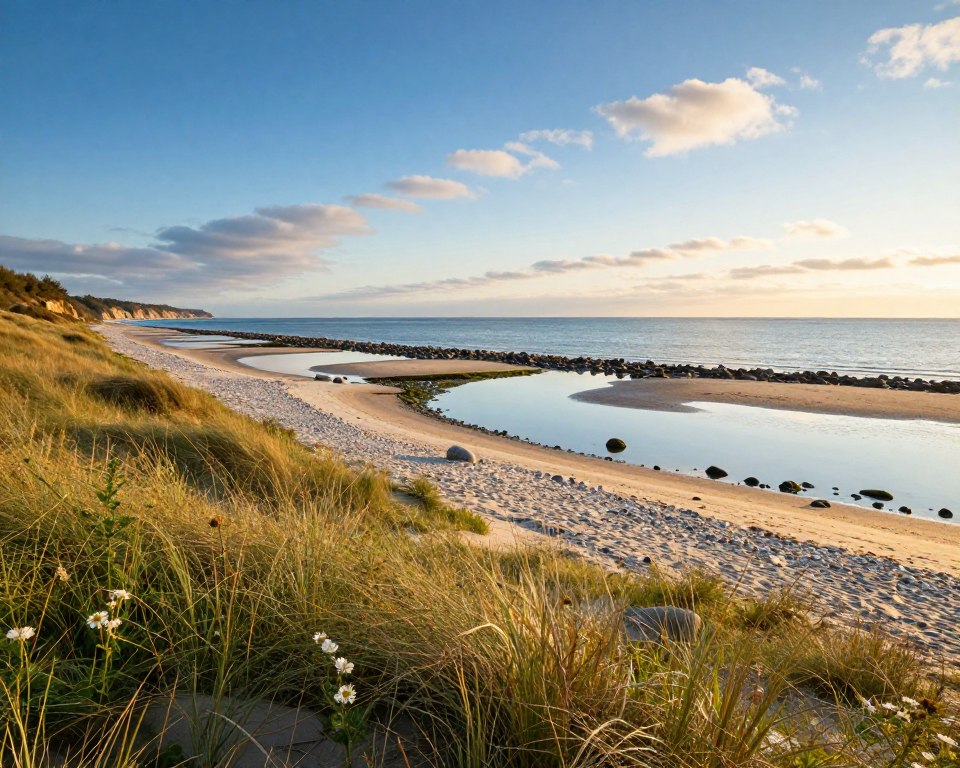 A serene coastal scene depicting hidden gems along the Gdańsk shores, emphasizing secluded, pristine beaches away from the bustling center. In the foreground, gently rolling dunes blanketed in soft grasses and delicate wildflowers catch the morning light. The middle ground features tranquil tidal pools reflecting the vivid azure sky, with smooth stones and scattered seashells adding detail. The background showcases a stretch of the calm Baltic Sea, with a hint of distant cliffs and a soft horizon merging with the sky. Golden sunlight filters through wispy clouds, creating a warm and inviting atmosphere. The image captures a peaceful, hidden paradise, perfect for leisurely escapes to nature and relaxation by the sea. Use a wide-angle lens to enhance depth and clarity. A serene coastal scene depicting hidden gems along the Gdańsk shores, emphasizing secluded, pristine beaches away from the bustling center. In the foreground, gently rolling dunes blanketed in soft grasses and delicate wildflowers catch the morning light. The middle ground features tranquil tidal pools reflecting the vivid azure sky, with smooth stones and scattered seashells adding detail. The background showcases a stretch of the calm Baltic Sea, with a hint of distant cliffs and a soft horizon merging with the sky. Golden sunlight filters through wispy clouds, creating a warm and inviting atmosphere. The image captures a peaceful, hidden paradise, perfect for leisurely escapes to nature and relaxation by the sea. Use a wide-angle lens to enhance depth and clarity.