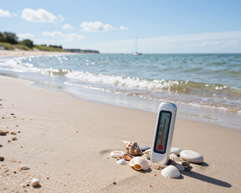 A serene coastal scene depicting the Baltic Sea in Gdańsk, showcasing a clear, bright day. In the foreground, a digital thermometer embedded in the sandy beach displays the current water temperature, surrounded by seashells and smooth stones. The middle ground features gentle waves lapping at the shore, sparkling under the sunlight. To the background, a picturesque view of the coastline with green dunes and distant sailboats adds depth, under a clear blue sky with a few fluffy clouds. The atmosphere is inviting and warm, suggesting a perfect day for a swim, captured with a soft-focus lens to enhance the natural beauty of the scene and create a tranquil mood. A serene coastal scene depicting the Baltic Sea in Gdańsk, showcasing a clear, bright day. In the foreground, a digital thermometer embedded in the sandy beach displays the current water temperature, surrounded by seashells and smooth stones. The middle ground features gentle waves lapping at the shore, sparkling under the sunlight. To the background, a picturesque view of the coastline with green dunes and distant sailboats adds depth, under a clear blue sky with a few fluffy clouds. The atmosphere is inviting and warm, suggesting a perfect day for a swim, captured with a soft-focus lens to enhance the natural beauty of the scene and create a tranquil mood.