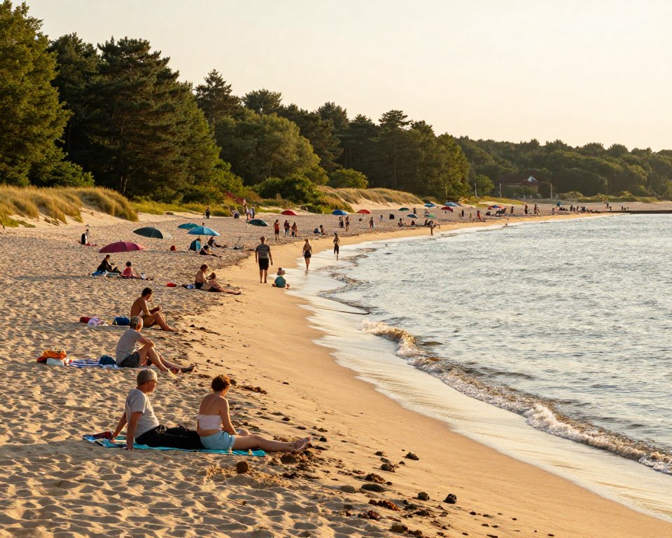 A serene coastal scene of Jelitkowo Beach in Gdańsk, showcasing golden sands and gentle waves lapping at the shore. In the foreground, beachgoers in modest casual clothing enjoy the sun, some relaxing on beach towels, while others stroll along the water's edge. The middle ground features colorful beach umbrellas and families playing, creating a vibrant atmosphere. In the background, soft dunes and lush green pine trees frame the beach. The sun is setting, casting a warm, golden glow over the landscape, enhancing the tranquil mood. Capture this scene with a wide-angle lens to highlight the expanse of the beach and people enjoying their day, evoking a sense of relaxation and enjoyment. A serene coastal scene of Jelitkowo Beach in Gdańsk, showcasing golden sands and gentle waves lapping at the shore. In the foreground, beachgoers in modest casual clothing enjoy the sun, some relaxing on beach towels, while others stroll along the water's edge. The middle ground features colorful beach umbrellas and families playing, creating a vibrant atmosphere. In the background, soft dunes and lush green pine trees frame the beach. The sun is setting, casting a warm, golden glow over the landscape, enhancing the tranquil mood. Capture this scene with a wide-angle lens to highlight the expanse of the beach and people enjoying their day, evoking a sense of relaxation and enjoyment.