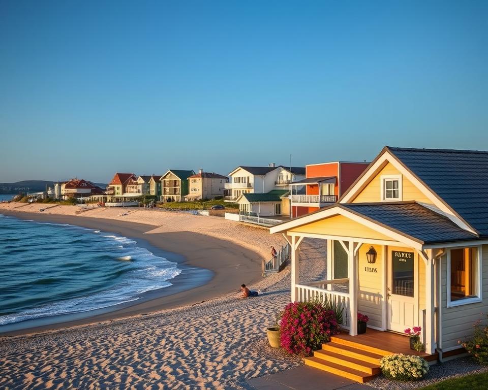 A serene coastal scene showcasing Gdańsk's vibrant accommodation options along the beach. In the foreground, a charming beach cottage with a welcoming porch is adorned with colorful flowers and soft lighting, inviting guests. In the middle ground, various stylish guesthouses and small hotels, featuring contemporary architecture and cozy balconies, display the beauty of the Brzeźno, Jelitkowo, and Stogi areas. The background highlights a tranquil sea under a clear blue sky, with gentle waves lapping at the shore, while sun-kissed sand stretches along the coastline. Soft, warm lighting creates a relaxing and inviting atmosphere, emphasizing the allure of seaside lodging. The angle offers a panoramic view to capture the essence of a perfect seaside getaway. A serene coastal scene showcasing Gdańsk's vibrant accommodation options along the beach. In the foreground, a charming beach cottage with a welcoming porch is adorned with colorful flowers and soft lighting, inviting guests. In the middle ground, various stylish guesthouses and small hotels, featuring contemporary architecture and cozy balconies, display the beauty of the Brzeźno, Jelitkowo, and Stogi areas. The background highlights a tranquil sea under a clear blue sky, with gentle waves lapping at the shore, while sun-kissed sand stretches along the coastline. Soft, warm lighting creates a relaxing and inviting atmosphere, emphasizing the allure of seaside lodging. The angle offers a panoramic view to capture the essence of a perfect seaside getaway.