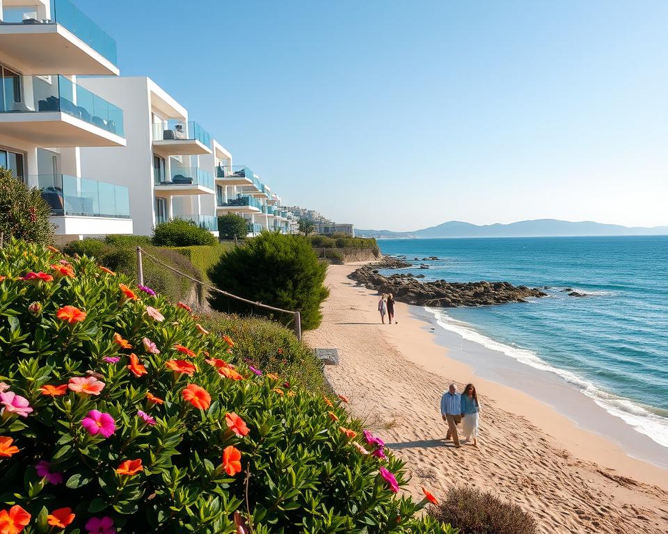 A serene coastal scene showcasing modern seaside apartments overlooking the calm, azure sea. In the foreground, lush greenery frames the balconies of the stylish apartments, with vibrant flowers in full bloom adding color. The middle ground features a sandy beach where a few people in modest casual clothing are enjoying the sun and fresh air, while a couple strolls hand-in-hand along the water's edge. In the background, gentle waves lap against the shore under a clear blue sky, stretching toward distant hills. The sunlight bathes the scene in a warm glow, creating a relaxed, inviting atmosphere. The camera angle captures the height of the apartments, with a wide shot that emphasizes the beauty of the seaside location, evoking a sense of tranquility and vacation bliss.