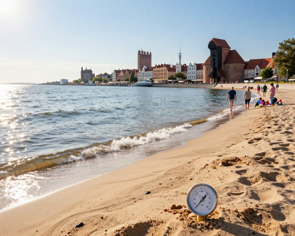 A serene coastline view of Gdańsk, Poland, showcasing the Baltic Sea in the foreground, where gentle waves lap against the sandy beach. In the middle ground, a group of families enjoy a pleasant day, dressed in casual outdoor clothing as they stroll along the shore and gather around a small beach picnic. The background features the iconic Gdańsk skyline with historical architecture under a clear blue sky, highlighting a tranquil summer atmosphere. The sunlight sparkles on the water, reflecting the warm hues of the afternoon. A close-up of a temperature gauge partially buried in the sand can be seen in the foreground, illustrating the water temperature context. The overall mood is inviting and summery, evoking a sense of relaxation and enjoyment by the sea. A serene coastline view of Gdańsk, Poland, showcasing the Baltic Sea in the foreground, where gentle waves lap against the sandy beach. In the middle ground, a group of families enjoy a pleasant day, dressed in casual outdoor clothing as they stroll along the shore and gather around a small beach picnic. The background features the iconic Gdańsk skyline with historical architecture under a clear blue sky, highlighting a tranquil summer atmosphere. The sunlight sparkles on the water, reflecting the warm hues of the afternoon. A close-up of a temperature gauge partially buried in the sand can be seen in the foreground, illustrating the water temperature context. The overall mood is inviting and summery, evoking a sense of relaxation and enjoyment by the sea.