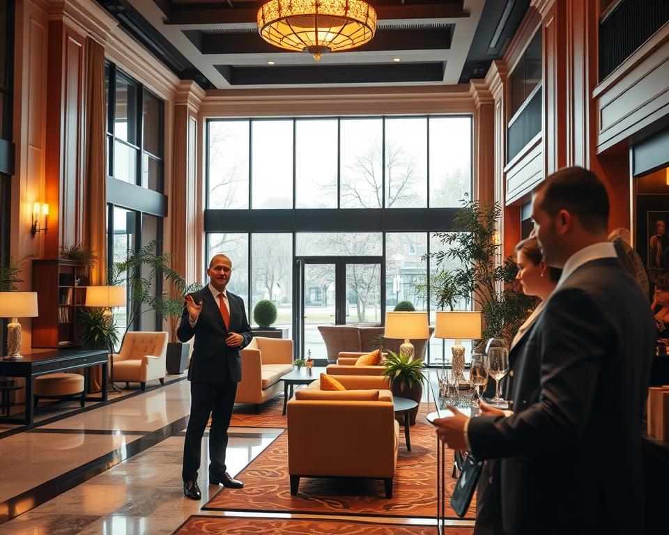 A serene hotel lobby in Gdańsk, depicting a blend of classic and modern architecture. In the foreground, a well-dressed hotel receptionist warmly greets guests, showcasing professionalism and quality service. The middle ground features elegant furnishings, such as plush seating, polished wooden accents, and lush indoor plants, emphasizing comfort and attention to detail. The background reveals large windows allowing soft, natural light to bathe the room, creating an inviting atmosphere. Warm, ambient lighting enhances the sense of security and sophistication. The color palette consists of soft earth tones that radiate calmness. Overall, the scene conveys a feeling of safety and high-quality service in a vibrant and welcoming environment. A serene hotel lobby in Gdańsk, depicting a blend of classic and modern architecture. In the foreground, a well-dressed hotel receptionist warmly greets guests, showcasing professionalism and quality service. The middle ground features elegant furnishings, such as plush seating, polished wooden accents, and lush indoor plants, emphasizing comfort and attention to detail. The background reveals large windows allowing soft, natural light to bathe the room, creating an inviting atmosphere. Warm, ambient lighting enhances the sense of security and sophistication. The color palette consists of soft earth tones that radiate calmness. Overall, the scene conveys a feeling of safety and high-quality service in a vibrant and welcoming environment.
