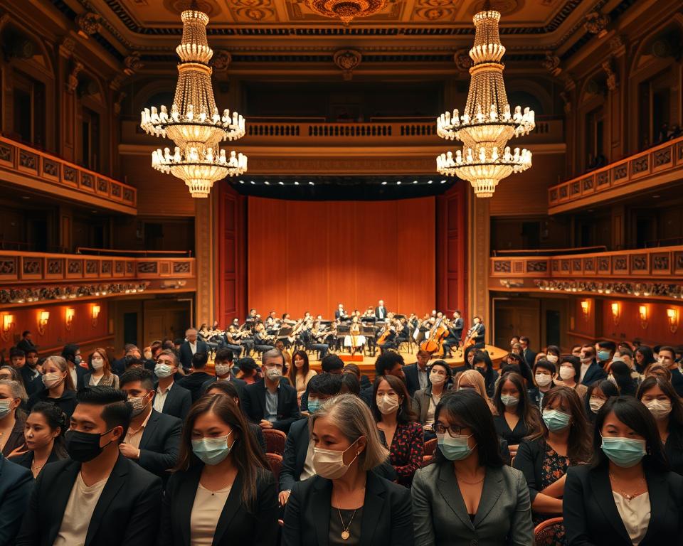 A serene indoor concert hall scene, showcasing the elegant architecture of the Polskie Filharmonia Bałtycka. In the foreground, a diverse group of professionally dressed concertgoers, adhering to current safety measures, such as wearing masks and social distancing, are seated calmly in rows. In the middle, a grand stage with a symphony orchestra tuning instruments, illuminated by warm, ambient lighting from ornate chandeliers above. The background features intricate decor and rich, polished wood accents, capturing a sophisticated atmosphere. Soft focus on the audience to emphasize their engagement and respect for safety protocols. The overall mood conveys anticipation and professionalism, highlighting both the cultural experience and the importance of current health measures in public gatherings. A serene indoor concert hall scene, showcasing the elegant architecture of the Polskie Filharmonia Bałtycka. In the foreground, a diverse group of professionally dressed concertgoers, adhering to current safety measures, such as wearing masks and social distancing, are seated calmly in rows. In the middle, a grand stage with a symphony orchestra tuning instruments, illuminated by warm, ambient lighting from ornate chandeliers above. The background features intricate decor and rich, polished wood accents, capturing a sophisticated atmosphere. Soft focus on the audience to emphasize their engagement and respect for safety protocols. The overall mood conveys anticipation and professionalism, highlighting both the cultural experience and the importance of current health measures in public gatherings.