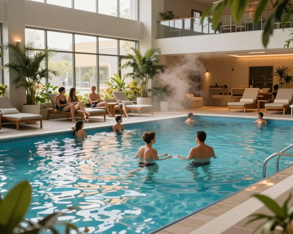A serene indoor swimming pool scene in Gdańsk, showcasing the Kryte baseny, with crystal-clear water reflecting warm, ambient lighting. In the foreground, elegant tiled pool edges, surrounded by lush greenery and comfortable lounge chairs. In the middle ground, families and individuals of various ages enjoying the pool, engaging in leisurely activities, dressed in modest casual swim attire. The background features large windows allowing natural light to pour in, with steam gently rising from a nearby sauna area. The overall atmosphere is inviting and relaxed, conveying a sense of tranquility and fun within this urban escape. The image should capture the essence of a modern aquapark experience without any text or overlays. A serene indoor swimming pool scene in Gdańsk, showcasing the Kryte baseny, with crystal-clear water reflecting warm, ambient lighting. In the foreground, elegant tiled pool edges, surrounded by lush greenery and comfortable lounge chairs. In the middle ground, families and individuals of various ages enjoying the pool, engaging in leisurely activities, dressed in modest casual swim attire. The background features large windows allowing natural light to pour in, with steam gently rising from a nearby sauna area. The overall atmosphere is inviting and relaxed, conveying a sense of tranquility and fun within this urban escape. The image should capture the essence of a modern aquapark experience without any text or overlays.