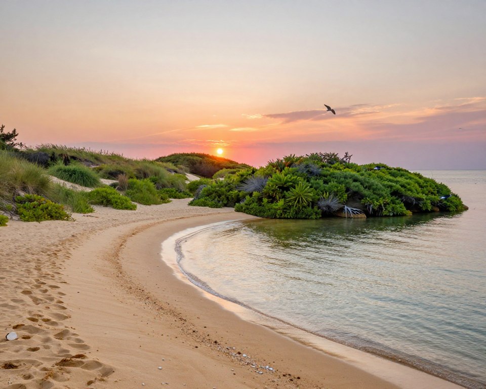 A serene island landscape showcasing the attractions of Sobieszewska Island, featuring sprawling wild beaches and lush nature reserves. In the foreground, soft golden sands with scattered seashells lead to tranquil, crystal-clear waters. To the middle, vibrant green dunes adorned with native coastal flora provide a natural barrier. The background reveals a picturesque horizon where the sun sets, casting warm orange and pink hues across the sky, reflected in the water. Include glimpses of diverse wildlife, such as birds in flight or peeking through the vegetation, creating a lively yet peaceful atmosphere. Capture the scene in soft, diffused lighting to evoke a sense of calm and tranquility, using a wide-angle lens to encompass the expansive beauty of the island. A serene island landscape showcasing the attractions of Sobieszewska Island, featuring sprawling wild beaches and lush nature reserves. In the foreground, soft golden sands with scattered seashells lead to tranquil, crystal-clear waters. To the middle, vibrant green dunes adorned with native coastal flora provide a natural barrier. The background reveals a picturesque horizon where the sun sets, casting warm orange and pink hues across the sky, reflected in the water. Include glimpses of diverse wildlife, such as birds in flight or peeking through the vegetation, creating a lively yet peaceful atmosphere. Capture the scene in soft, diffused lighting to evoke a sense of calm and tranquility, using a wide-angle lens to encompass the expansive beauty of the island.