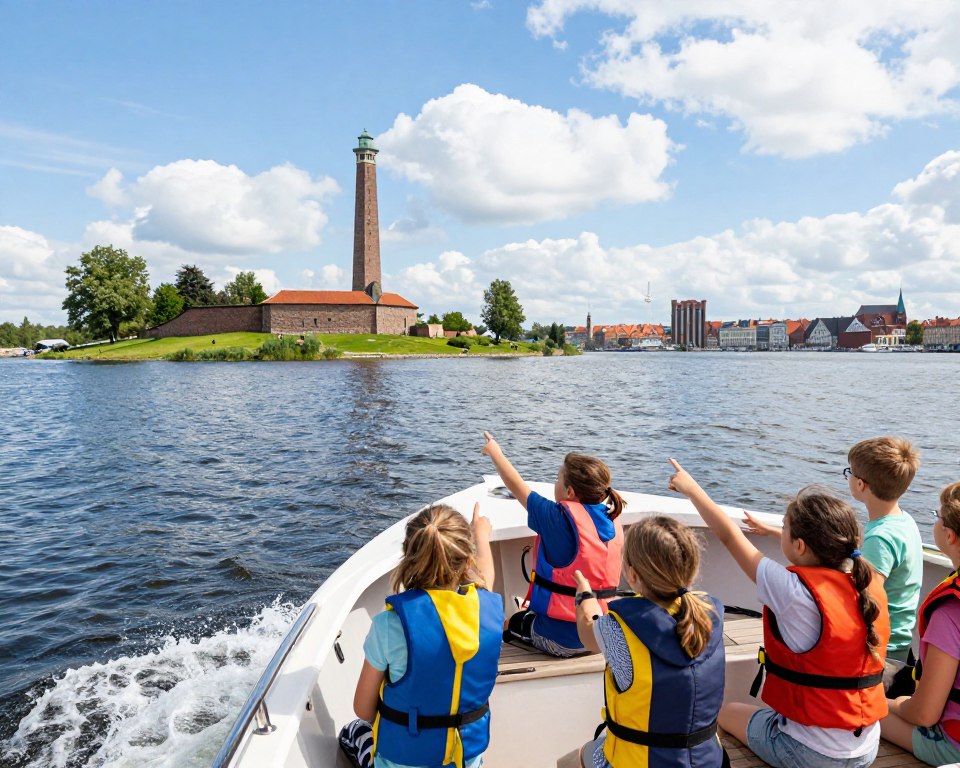 A serene maritime scene capturing a family-friendly boat trip from Gdańsk to Westerplatte. In the foreground, a small boat filled with excited children, ages 6 to 12, wearing colorful life jackets and casual summer clothes, pointing towards historical landmarks. The middle ground features the iconic Westerplatte peninsula, showcasing the historical monument and green landscapes, with a gentle wave lapping against the boat's hull. In the background, the picturesque Gdańsk skyline with its distinctive architecture under a bright blue sky, dotted with fluffy white clouds. Soft, natural lighting enhances the cheerful atmosphere, highlighting the sense of adventure and exploration. The composition should be viewed from slightly above at a dynamic angle, capturing both the boat and the scenic backdrop, creating an inviting mood.